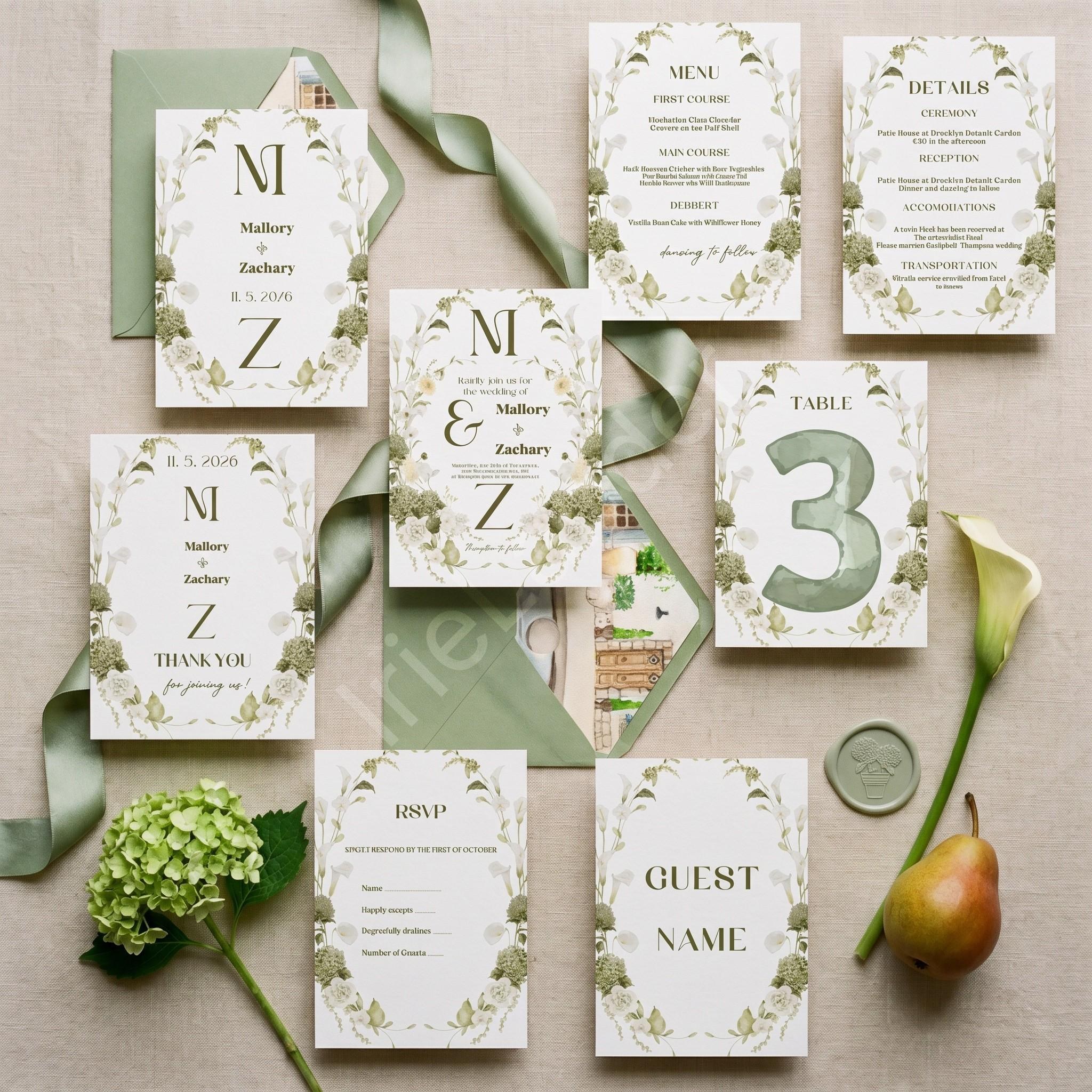 Sage Watercolor Wedding Invitation Suite: PRINTED, personalized, includes envelopes + wax seals, calligraphy, stamps optional