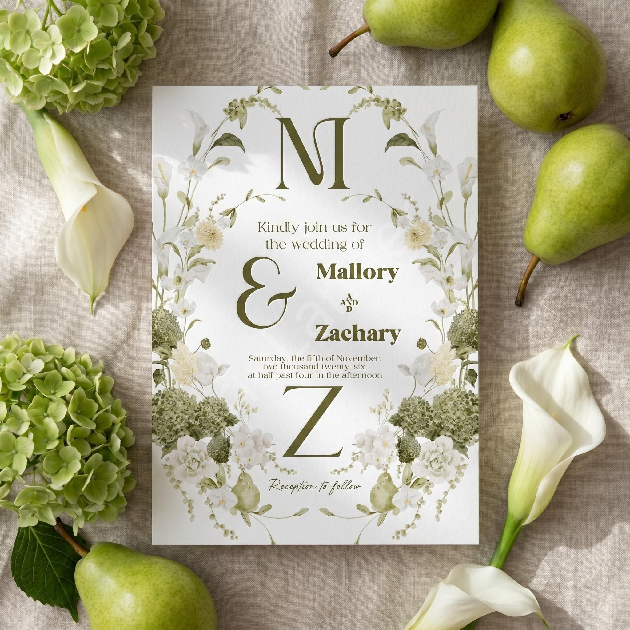 Sage Watercolor Wedding Invitation Suite: PRINTED, personalized, includes envelopes + wax seals, calligraphy, stamps optional, view 3
