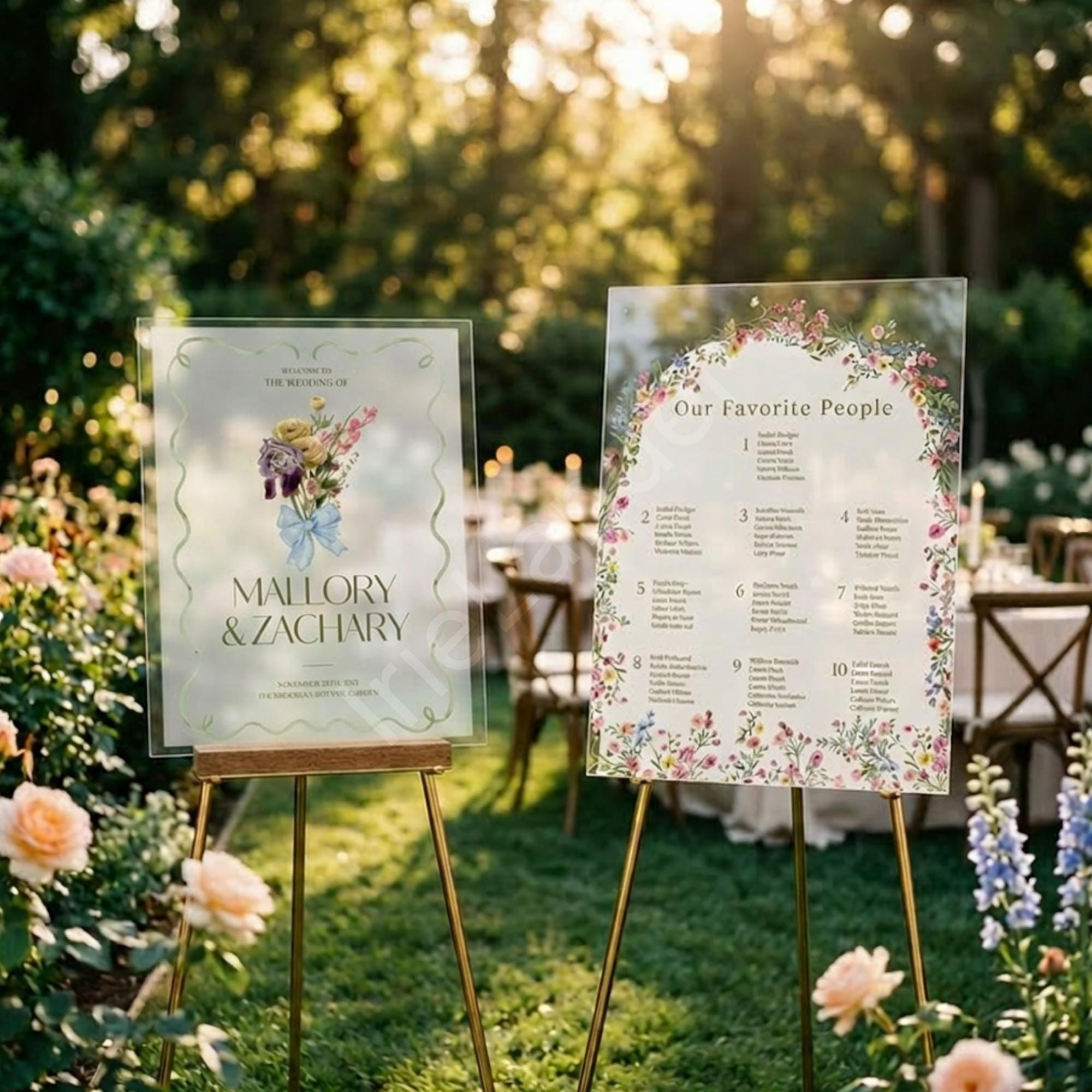 Botanical Acrylic Wedding Seating Chart & Welcome Sign Bundle, archival bouquet design, event keepsake