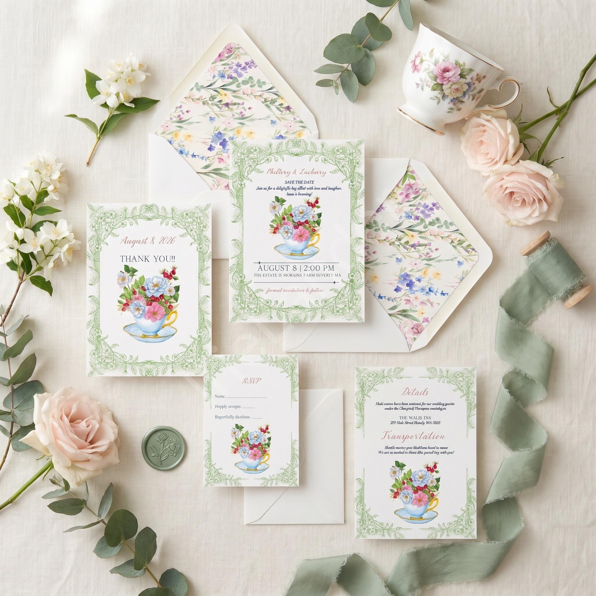 Garden Tea Wedding Invitation: PRINTED, vellum overlay, personalized, envelopes + wax seals, calligraphy, stamps optional