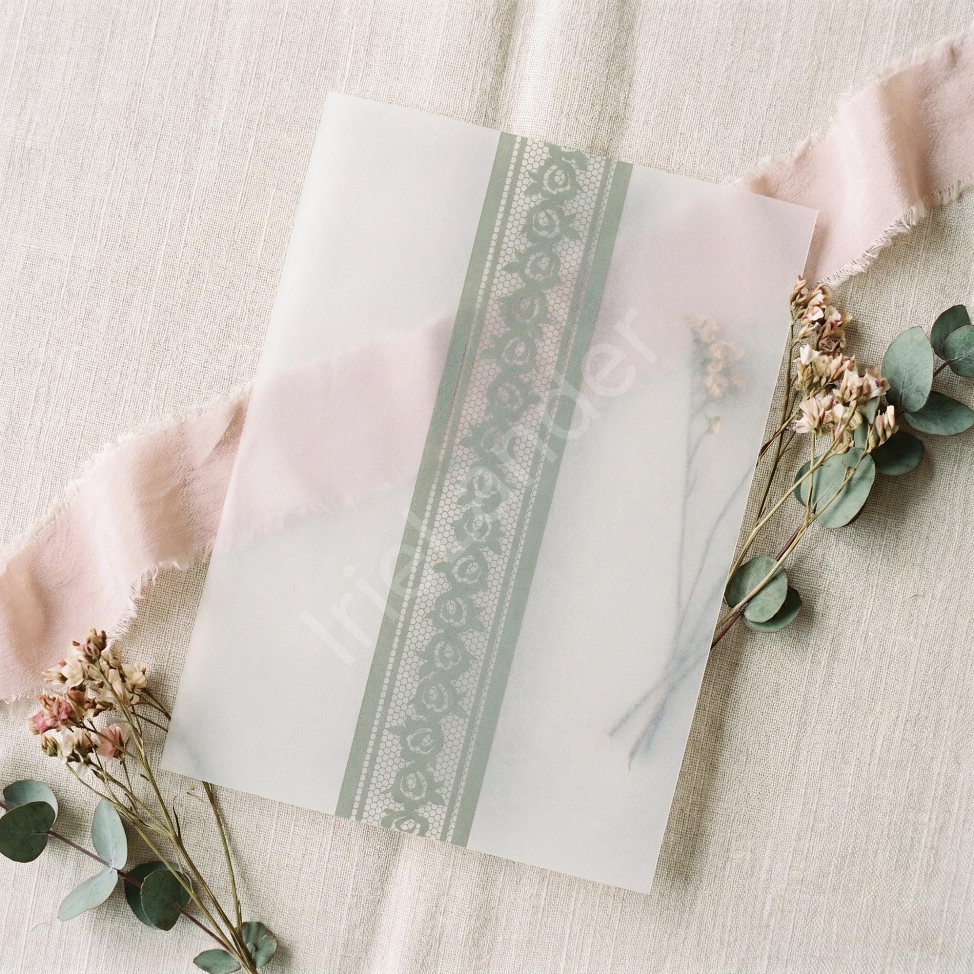 Garden Tea Wedding Invitation: PRINTED, vellum overlay, personalized, envelopes + wax seals, calligraphy, stamps optional, view 2