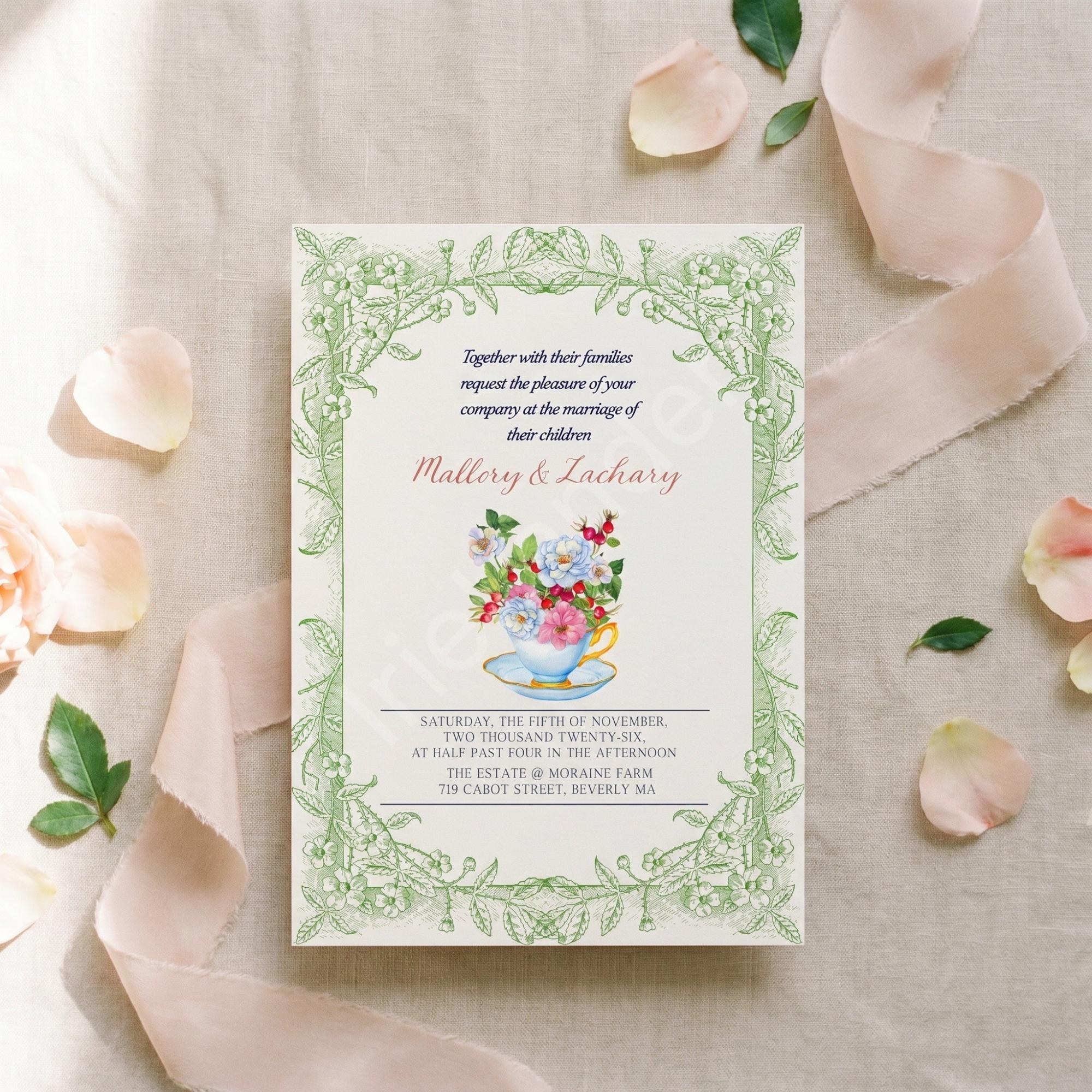 Garden Tea Wedding Invitation: PRINTED, vellum overlay, personalized, envelopes + wax seals, calligraphy, stamps optional, view 3