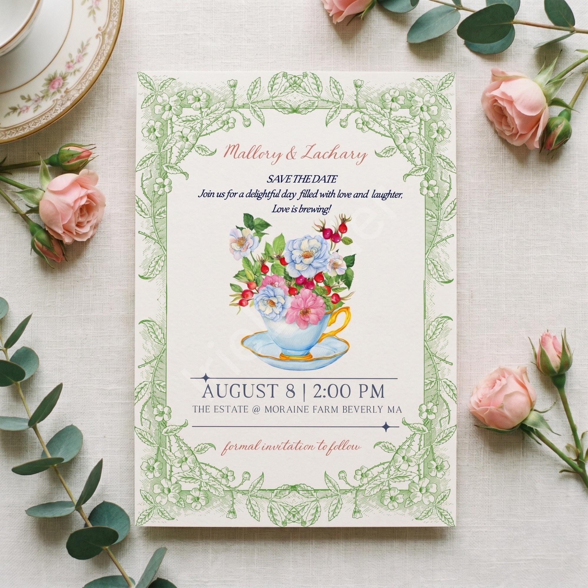 Garden Tea Wedding Invitation: PRINTED, vellum overlay, personalized, envelopes + wax seals, calligraphy, stamps optional, view 4