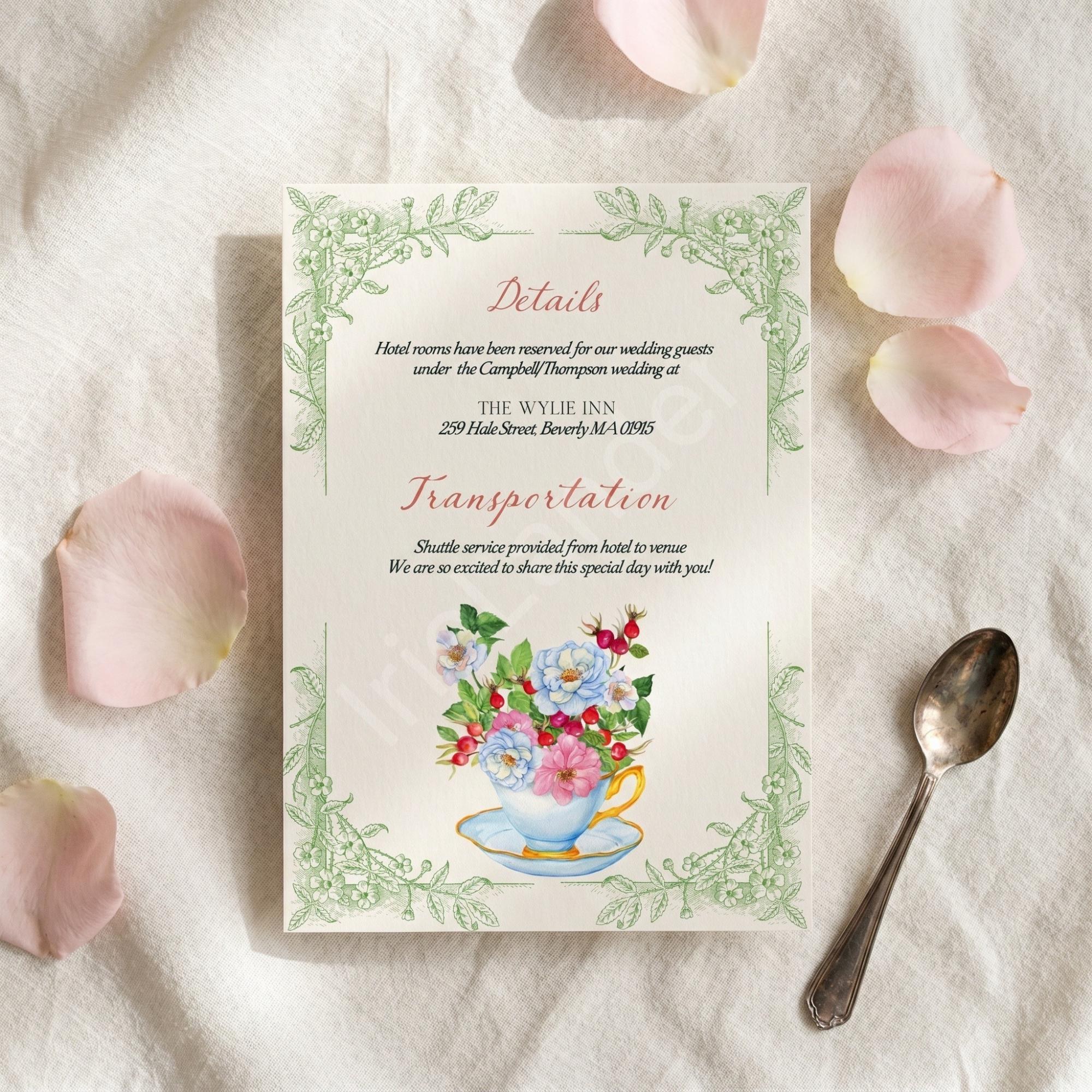 Garden Tea Wedding Invitation: PRINTED, vellum overlay, personalized, envelopes + wax seals, calligraphy, stamps optional, view 6