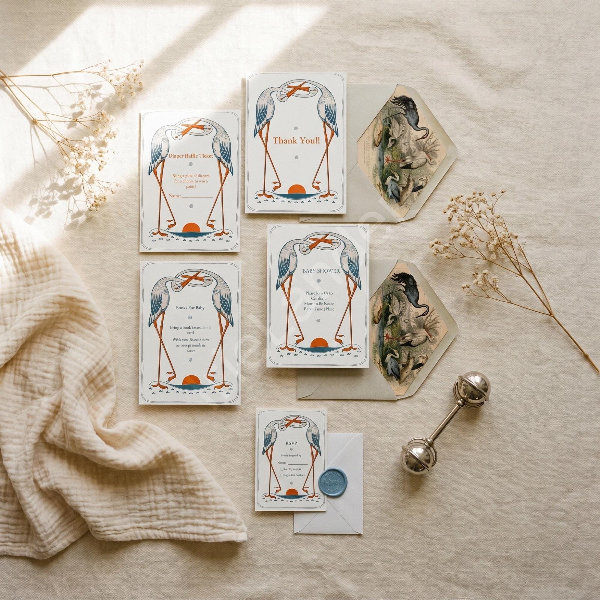 Stork Baby Shower Invitation Bundle: PRINTED, archival stork designs + wax seals, hand-lettering + stamps optional
