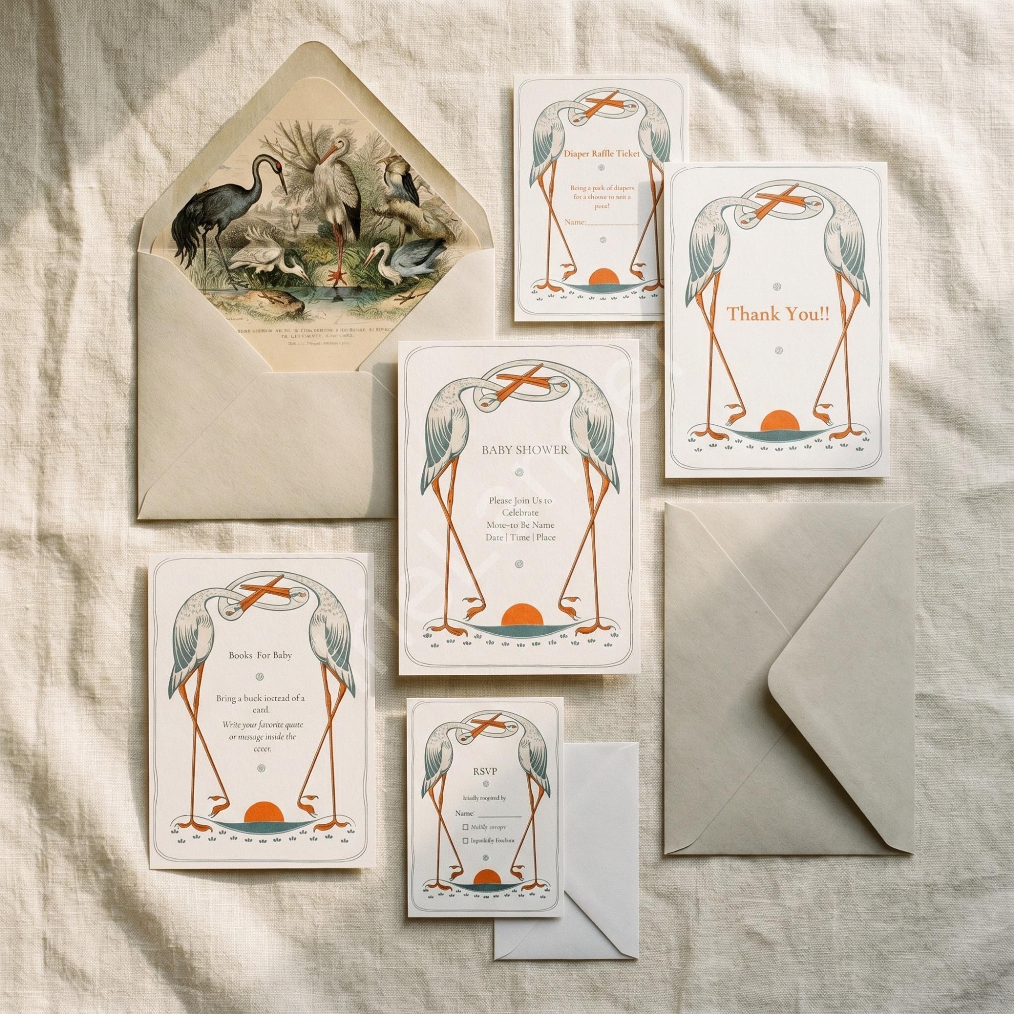 Stork Baby Shower Invitation Bundle: PRINTED, archival stork designs + wax seals, hand-lettering + stamps optional, view 10