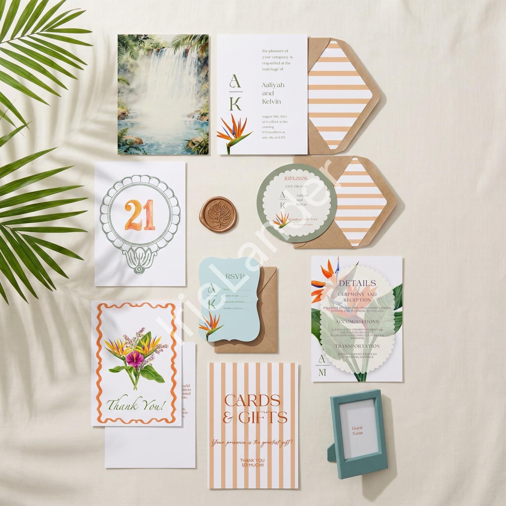 Tropical Bird of Paradise Wedding Suite: PRINTED | vellum with Dunn’s River Falls + frame