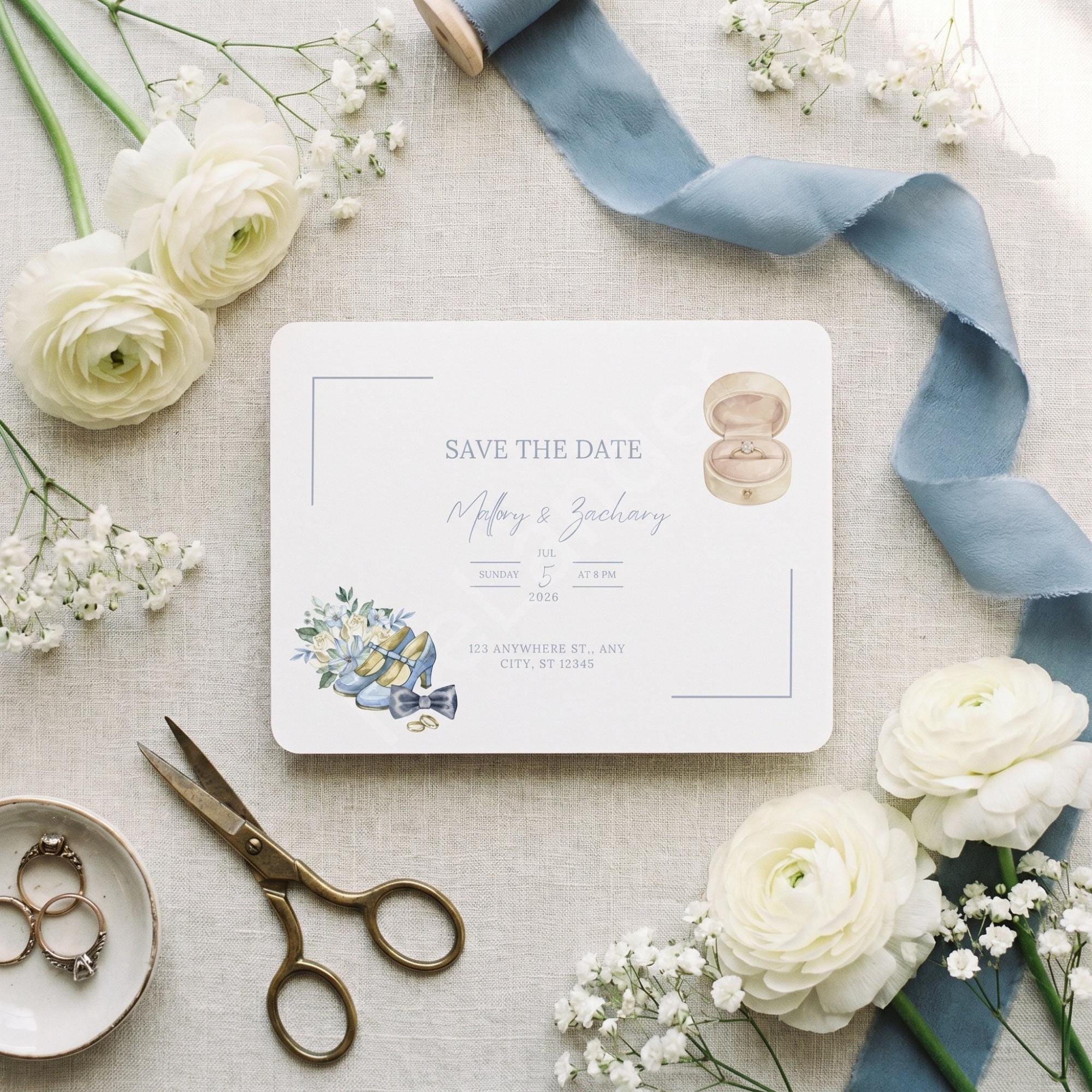 Something Blue Save the Date Postcard, PRINTED, double sided, personalized, calligraphy + stamps optional