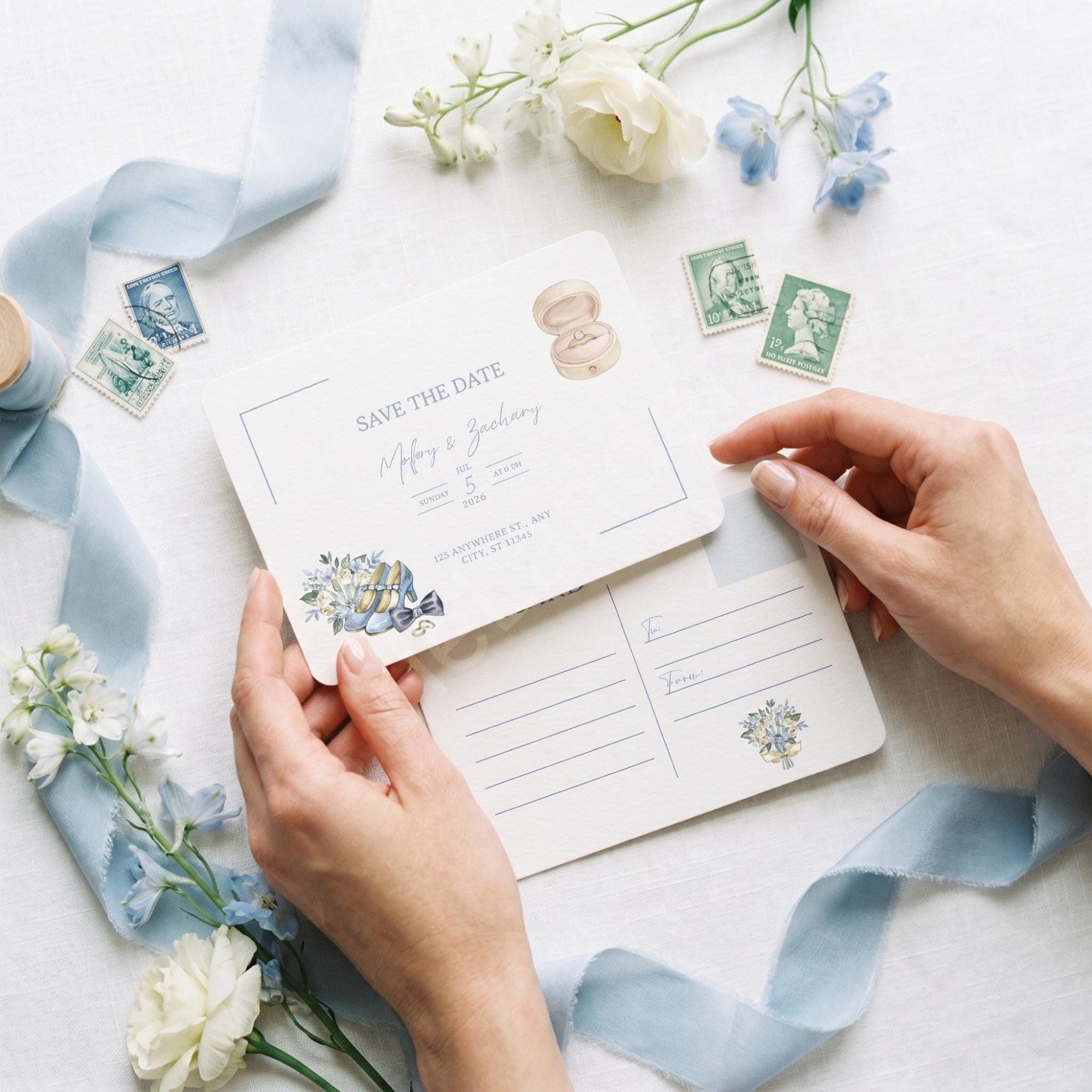 Something Blue Save the Date Postcard, PRINTED, double sided, personalized, calligraphy + stamps optional, view 2