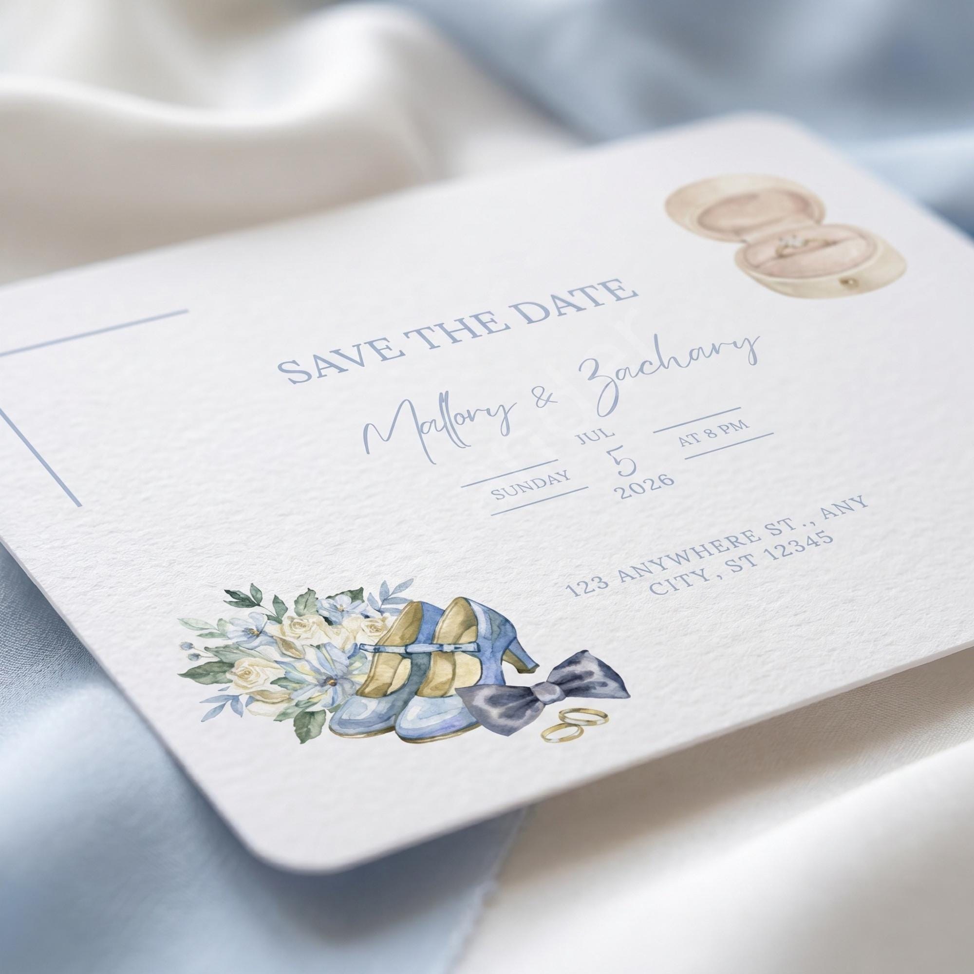 Something Blue Save the Date Postcard, PRINTED, double sided, personalized, calligraphy + stamps optional, view 3
