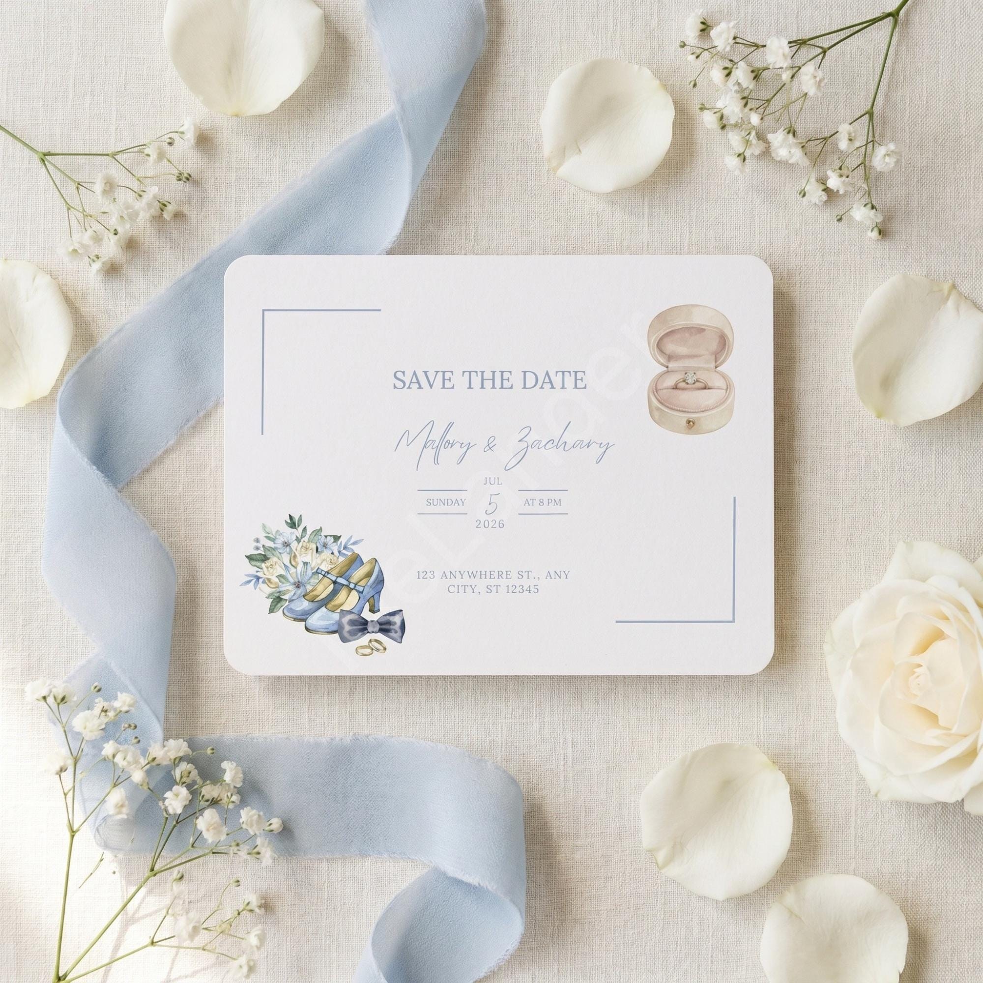 Something Blue Save the Date Postcard, PRINTED, double sided, personalized, calligraphy + stamps optional, view 4