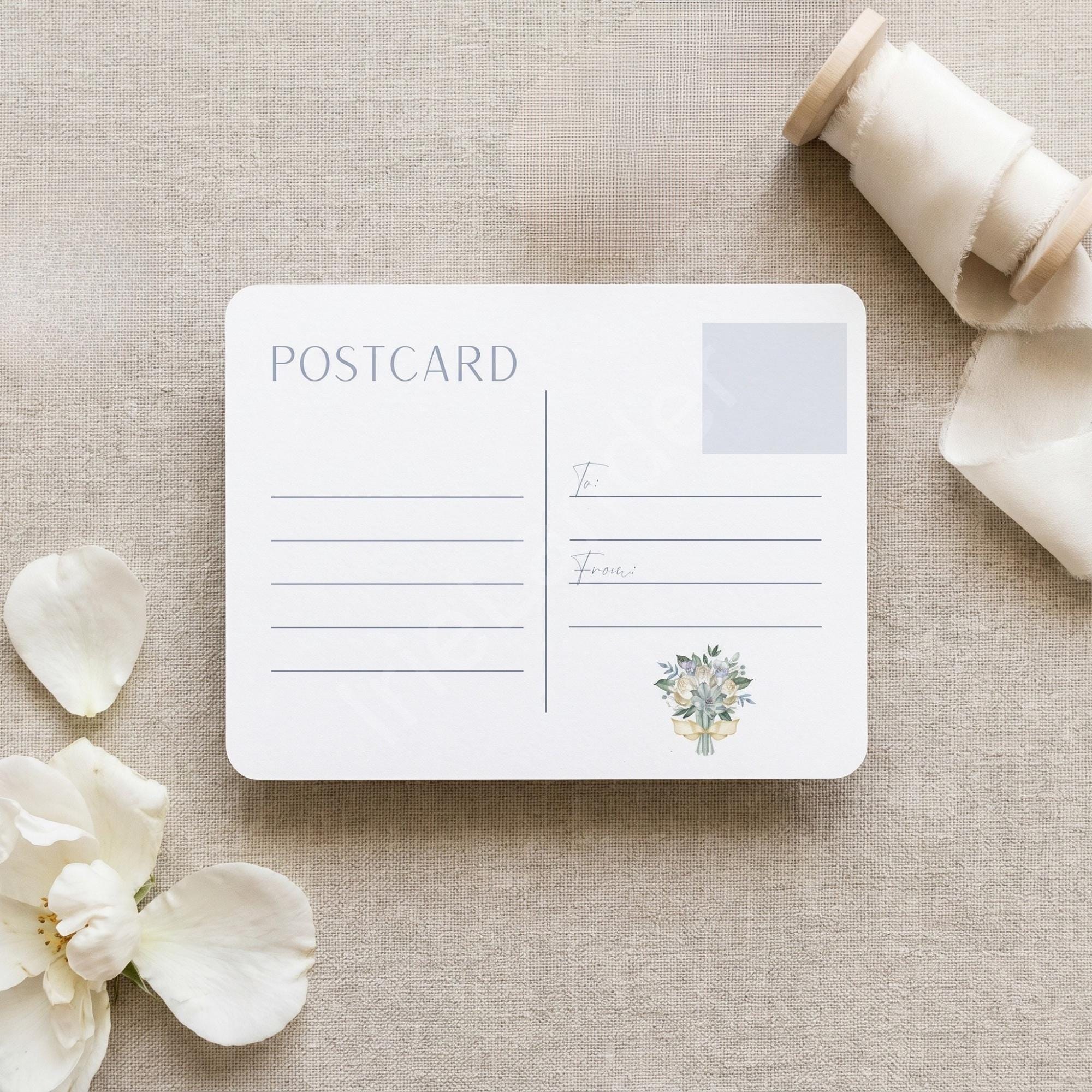 Something Blue Save the Date Postcard, PRINTED, double sided, personalized, calligraphy + stamps optional, view 5