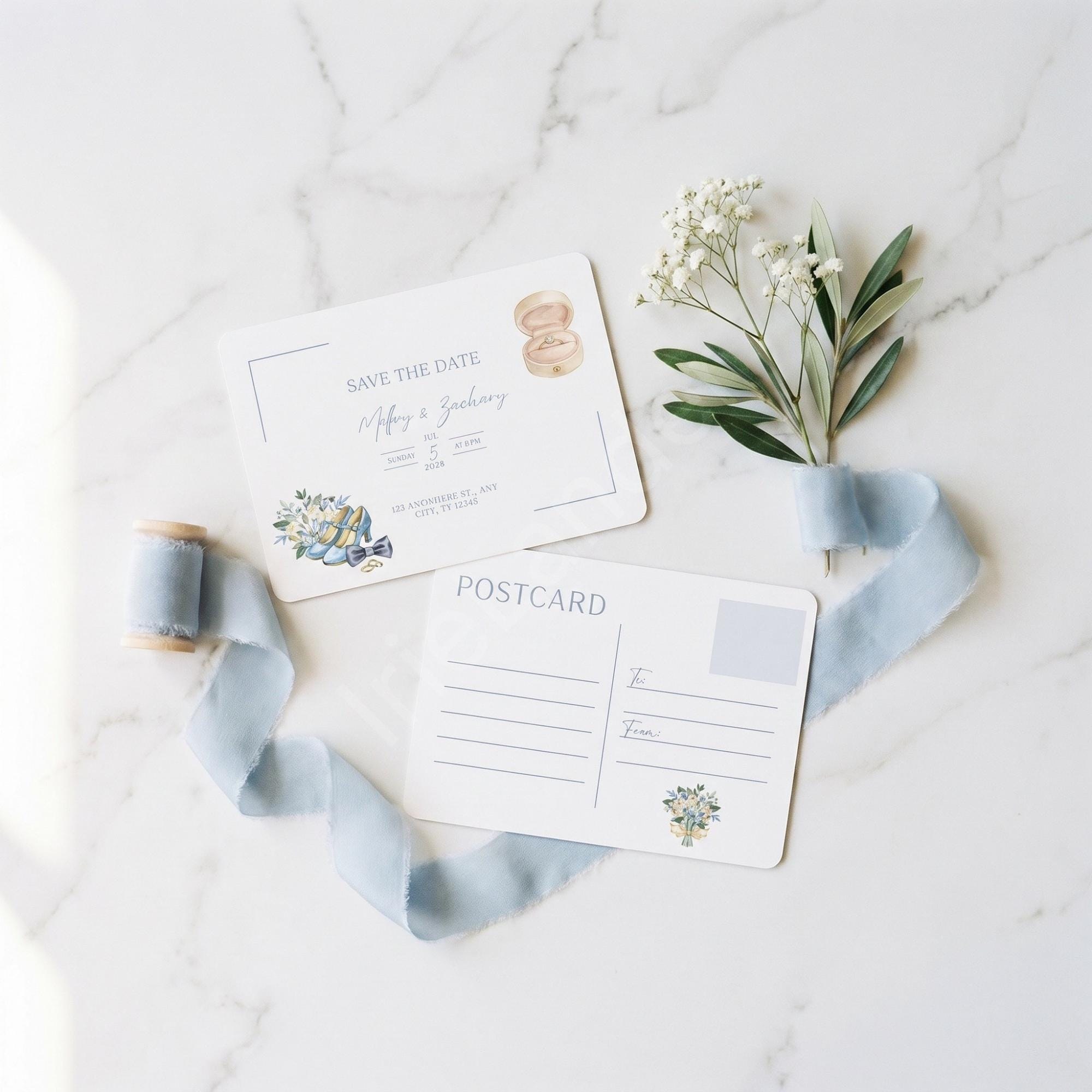 Something Blue Save the Date Postcard, PRINTED, double sided, personalized, calligraphy + stamps optional, view 6
