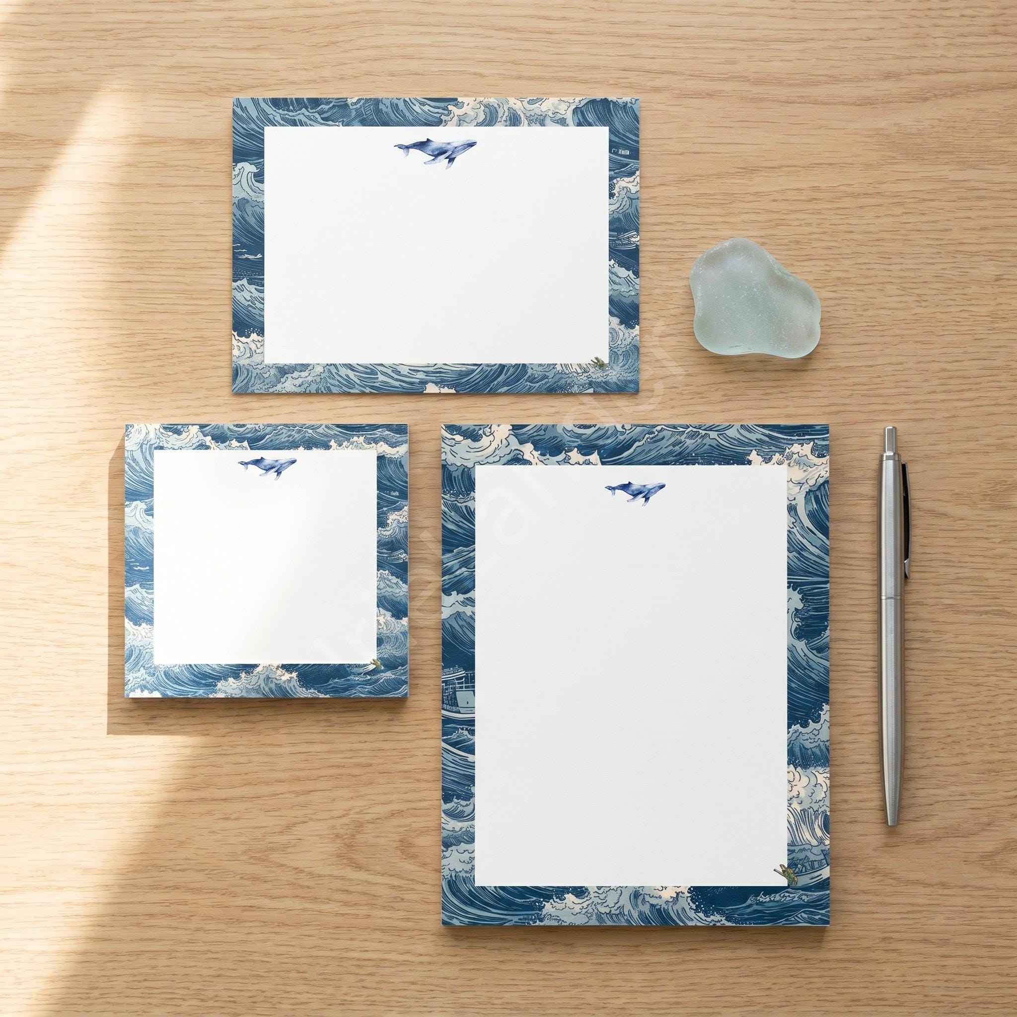 Whale Stationery, Post-it® Notes, notepad, horizontal note card, lined envelopes, buy set or individually
