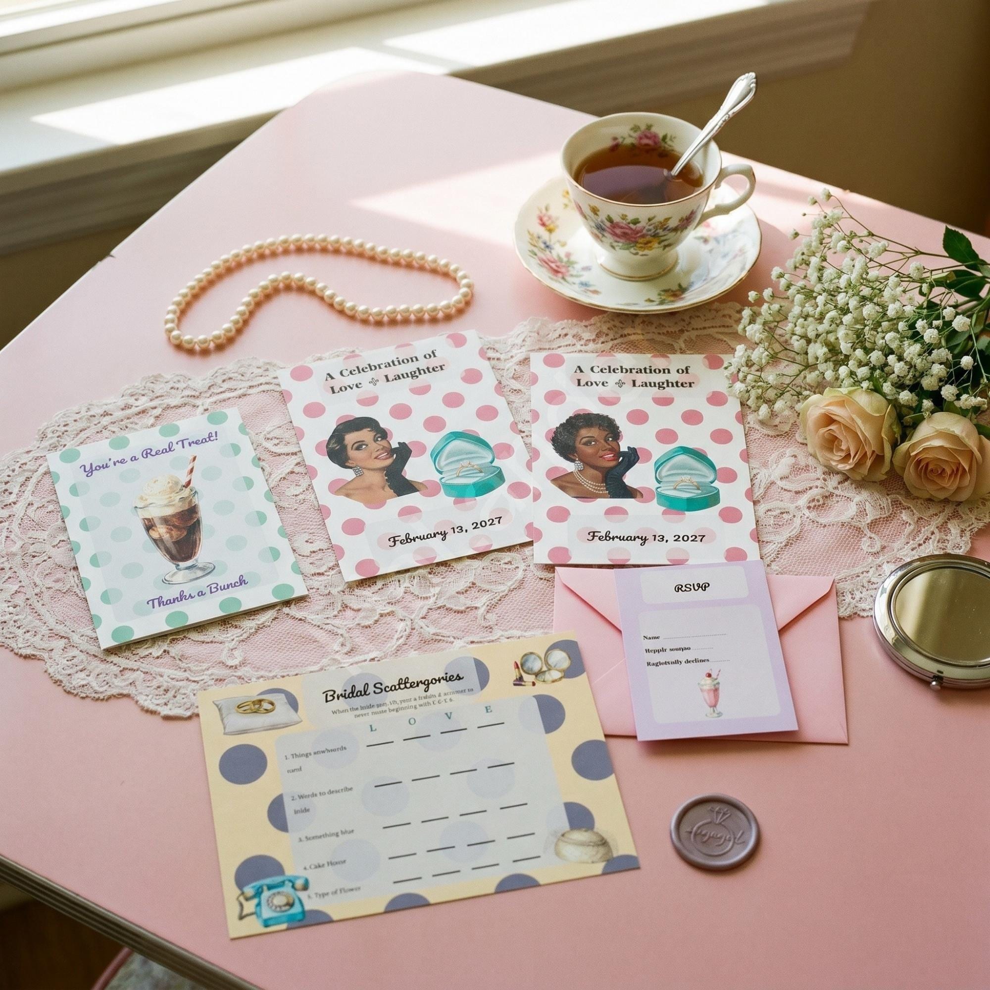Retro 50s Bridal Shower Invitation Printed Set: Polka dot design, cultural bride options