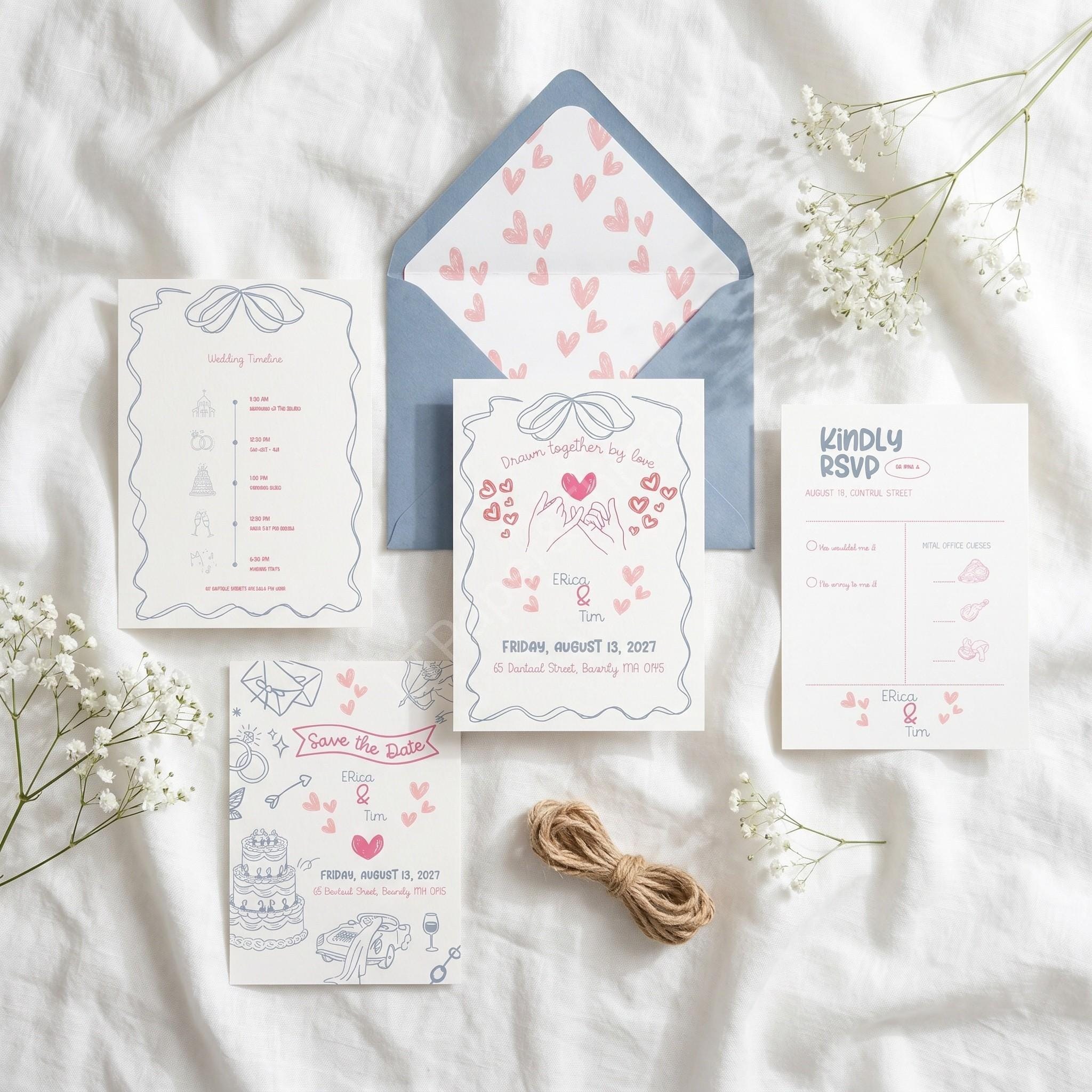 Hand-Drawn Wedding Invitation Set, pink and blue whimsical pinky swear design, upgrades available
