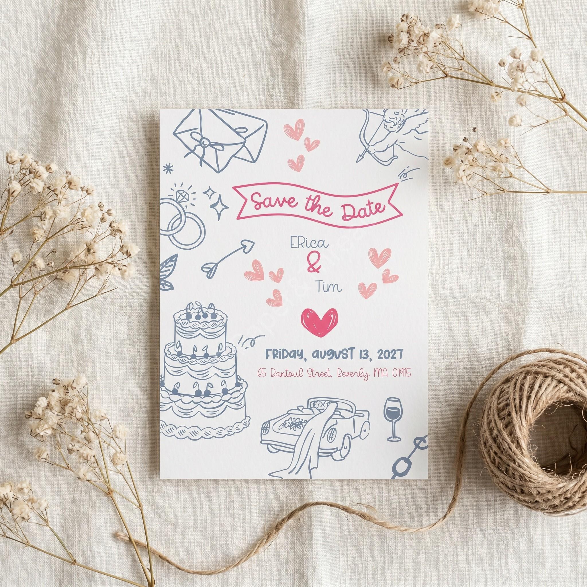 Hand-Drawn Wedding Invitation Set, pink and blue whimsical pinky swear design, upgrades available, view 2