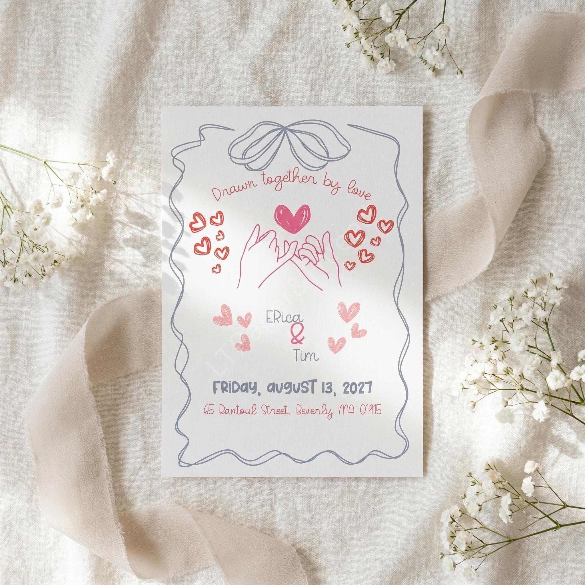 Hand-Drawn Wedding Invitation Set, pink and blue whimsical pinky swear design, upgrades available, view 3