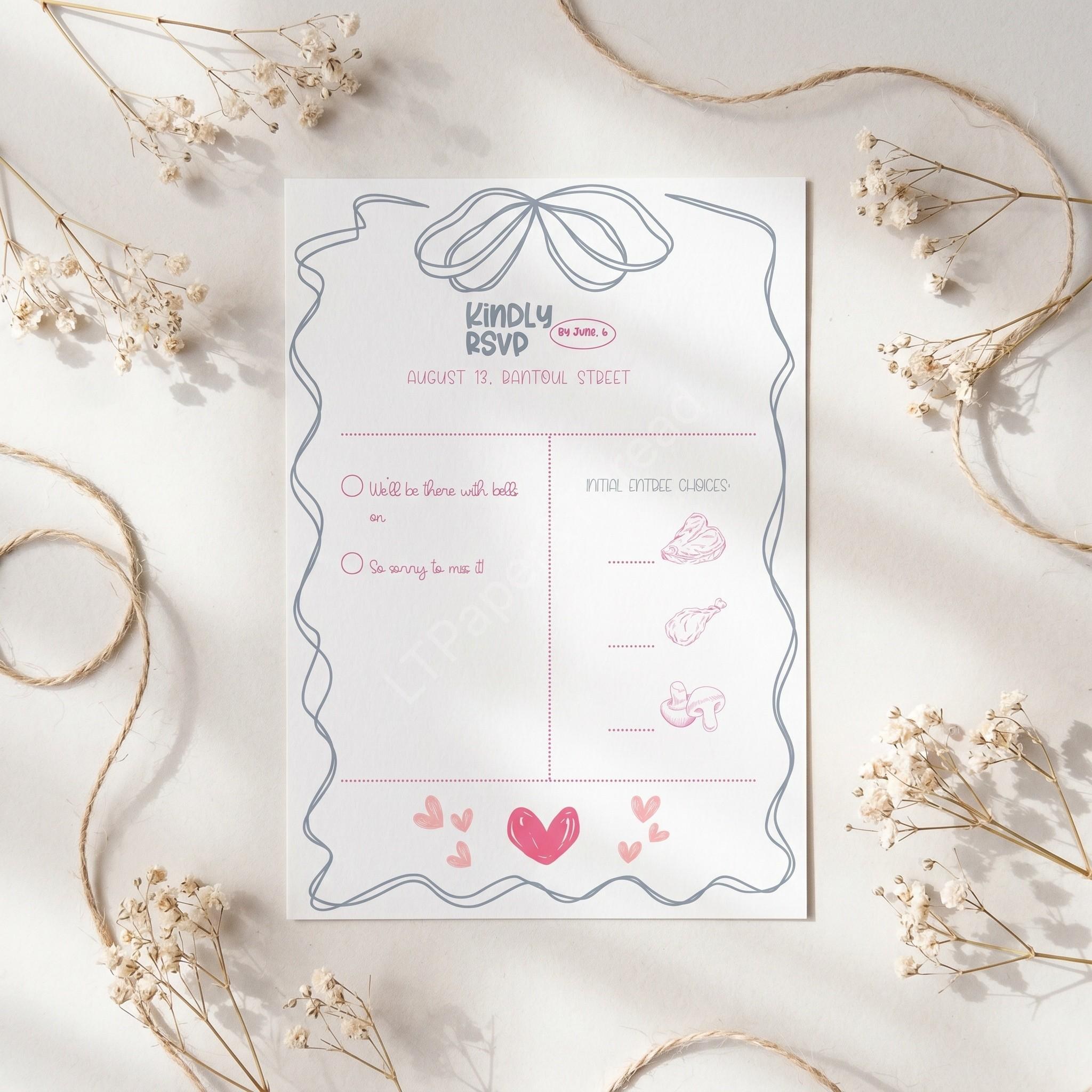Hand-Drawn Wedding Invitation Set, pink and blue whimsical pinky swear design, upgrades available, view 5