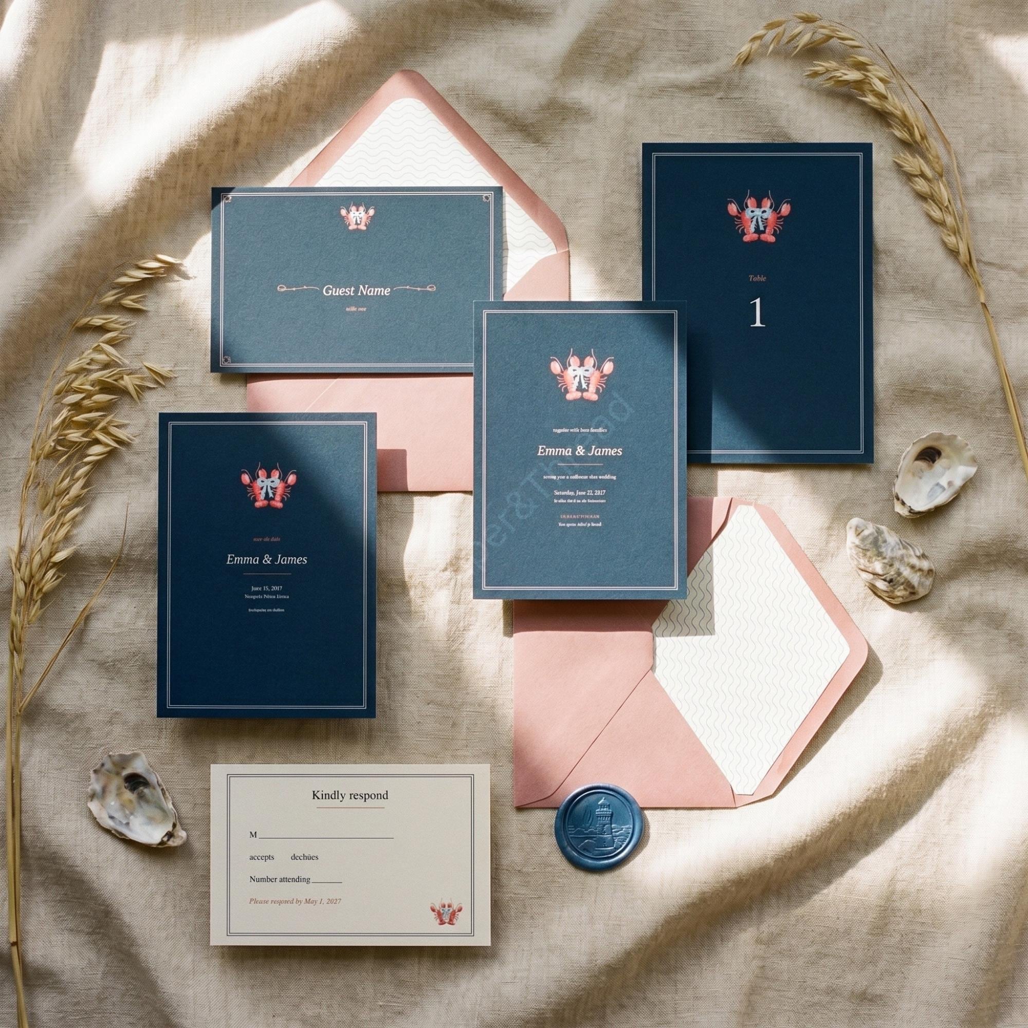 Lobster Wedding Invitation Suite, nautical and coastal navy design, acrylic welcome sign included