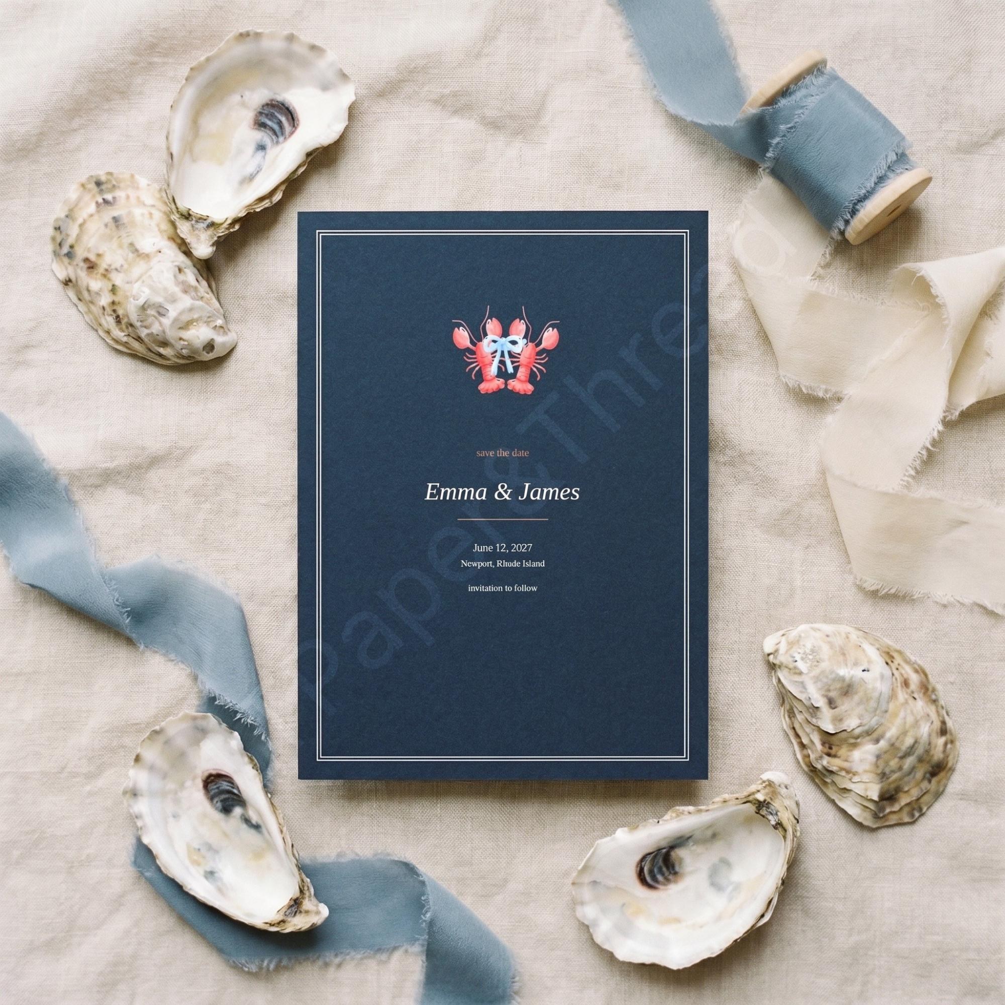 Lobster Wedding Invitation Suite, nautical and coastal navy design, acrylic welcome sign included, view 4