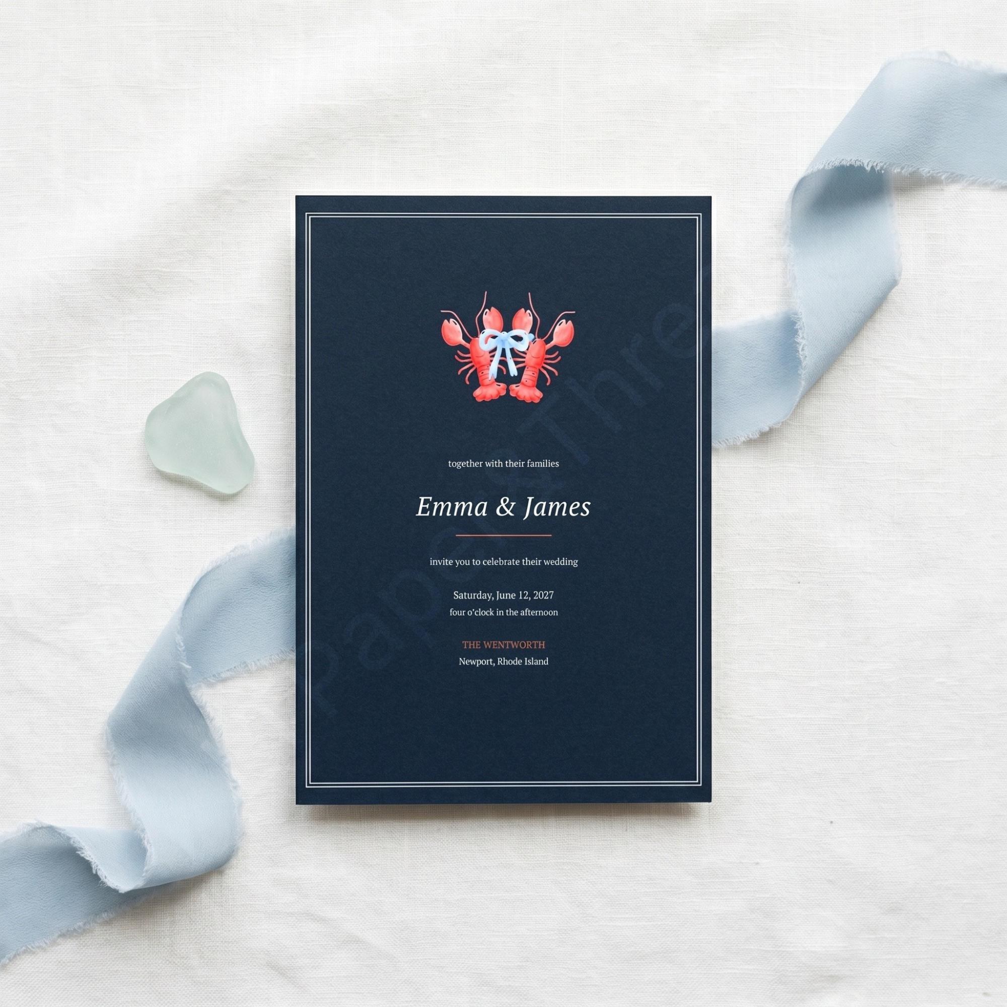 Lobster Wedding Invitation Suite, nautical and coastal navy design, acrylic welcome sign included, view 5