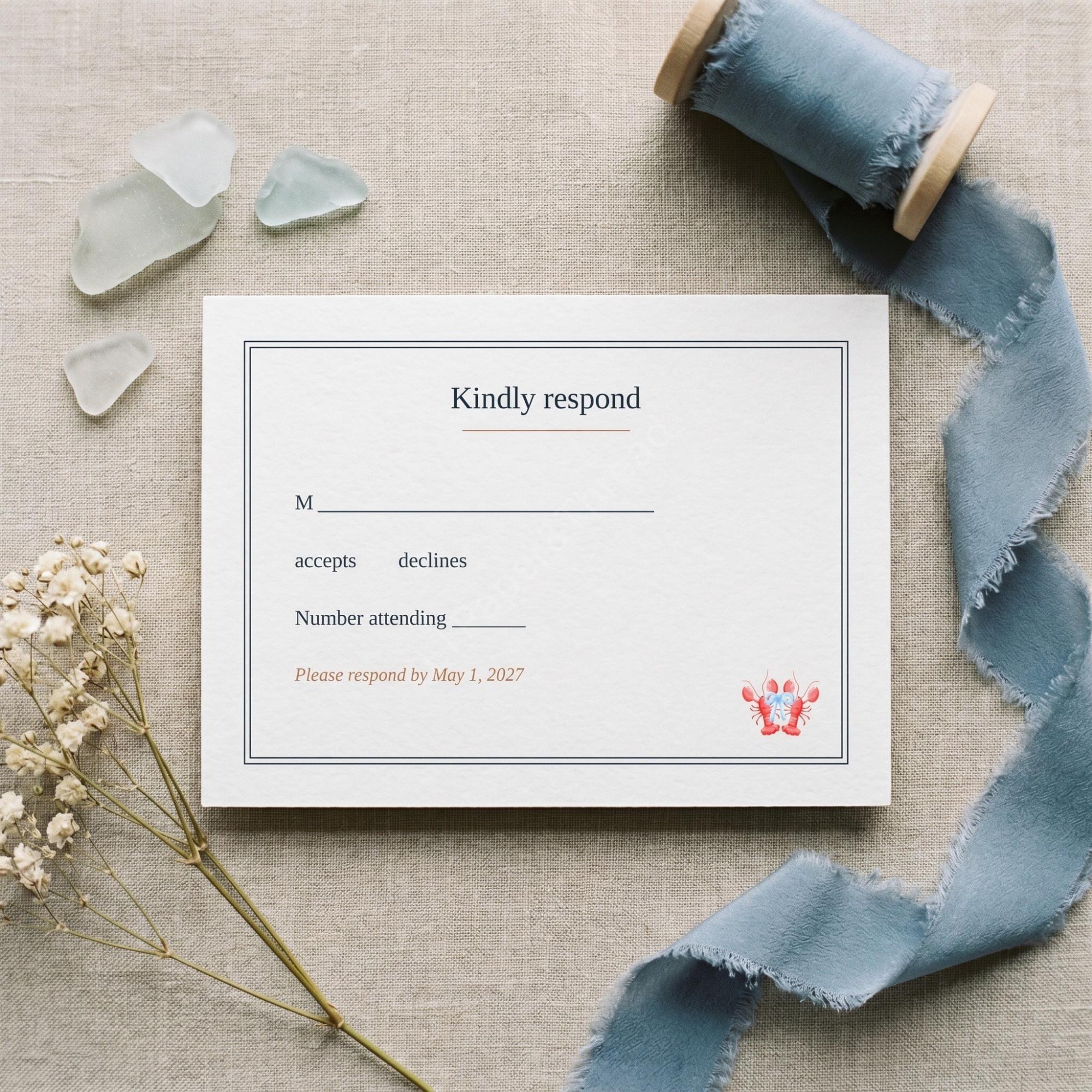 Lobster Wedding Invitation Suite, nautical and coastal navy design, acrylic welcome sign included, view 7