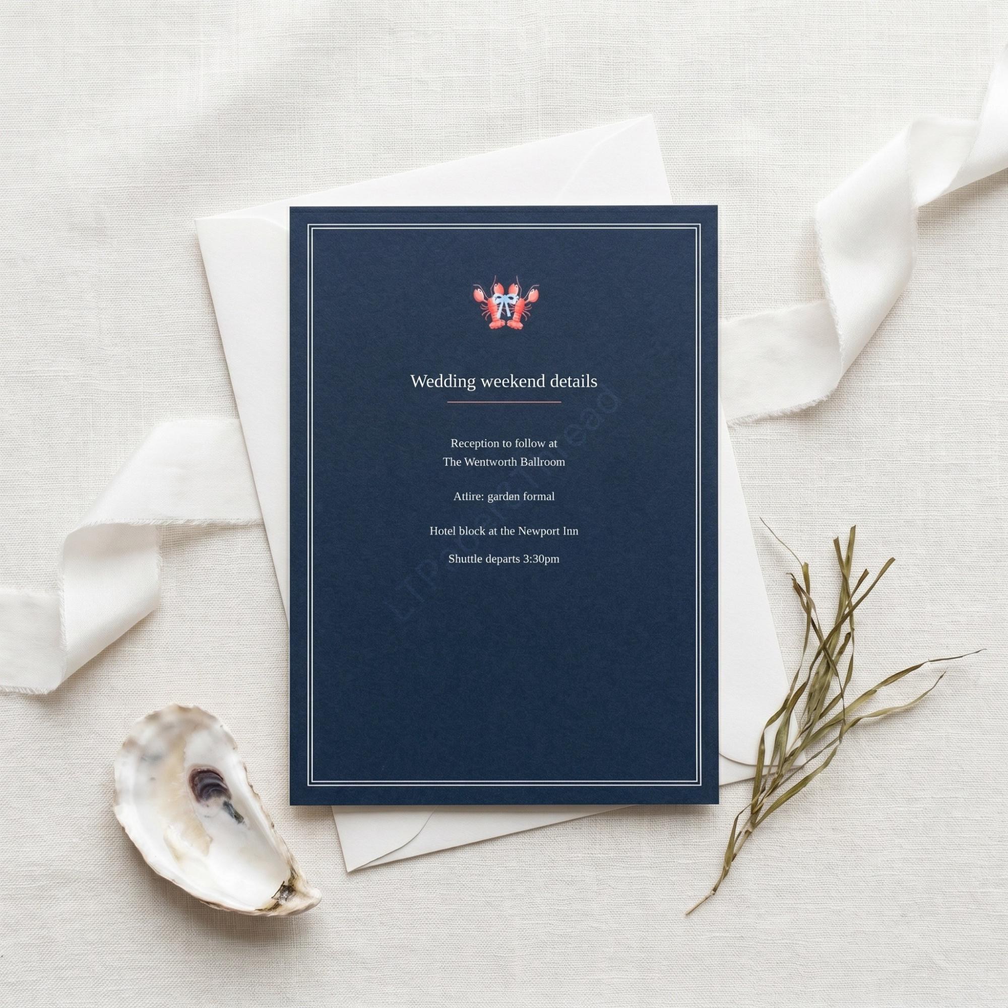 Lobster Wedding Invitation Suite, nautical and coastal navy design, acrylic welcome sign included, view 8