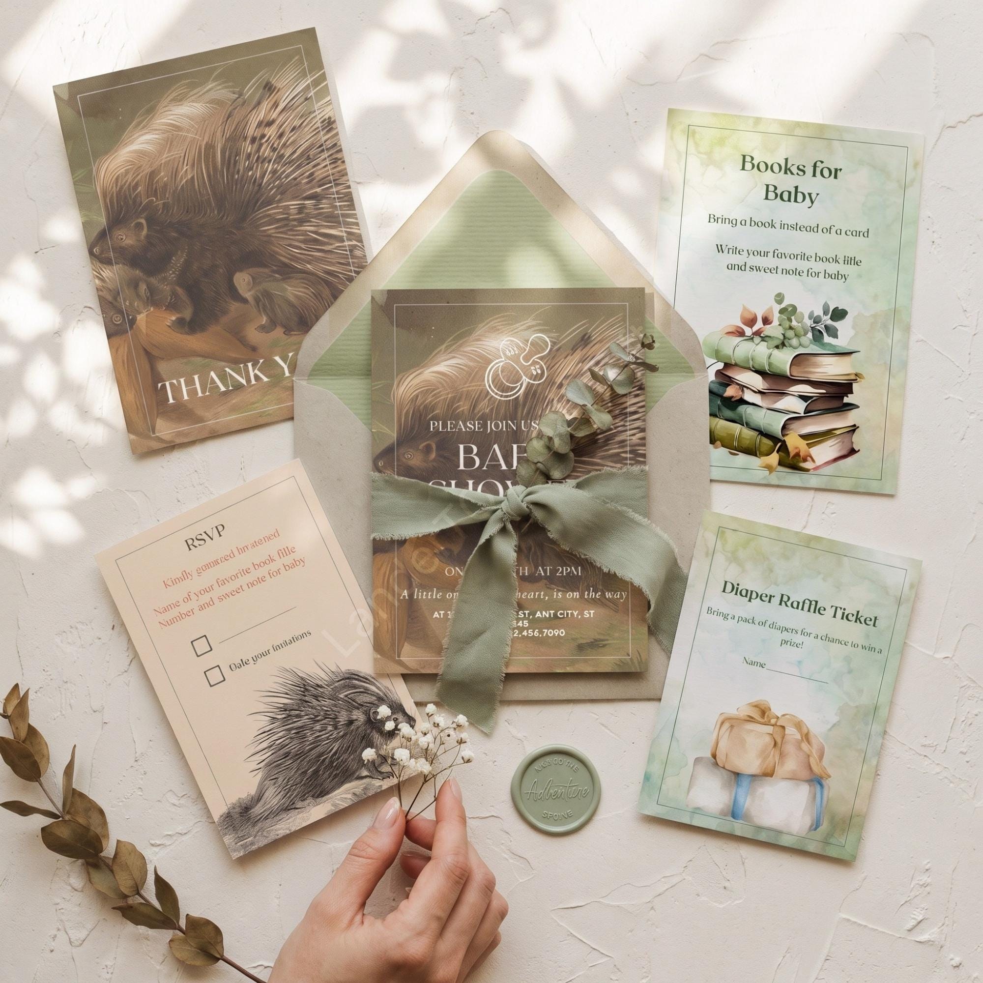 Woodland Porcupine Baby Shower Invitation Bundle: PRINTED, archival designs + wax seals, hand-lettering + stamps optional
