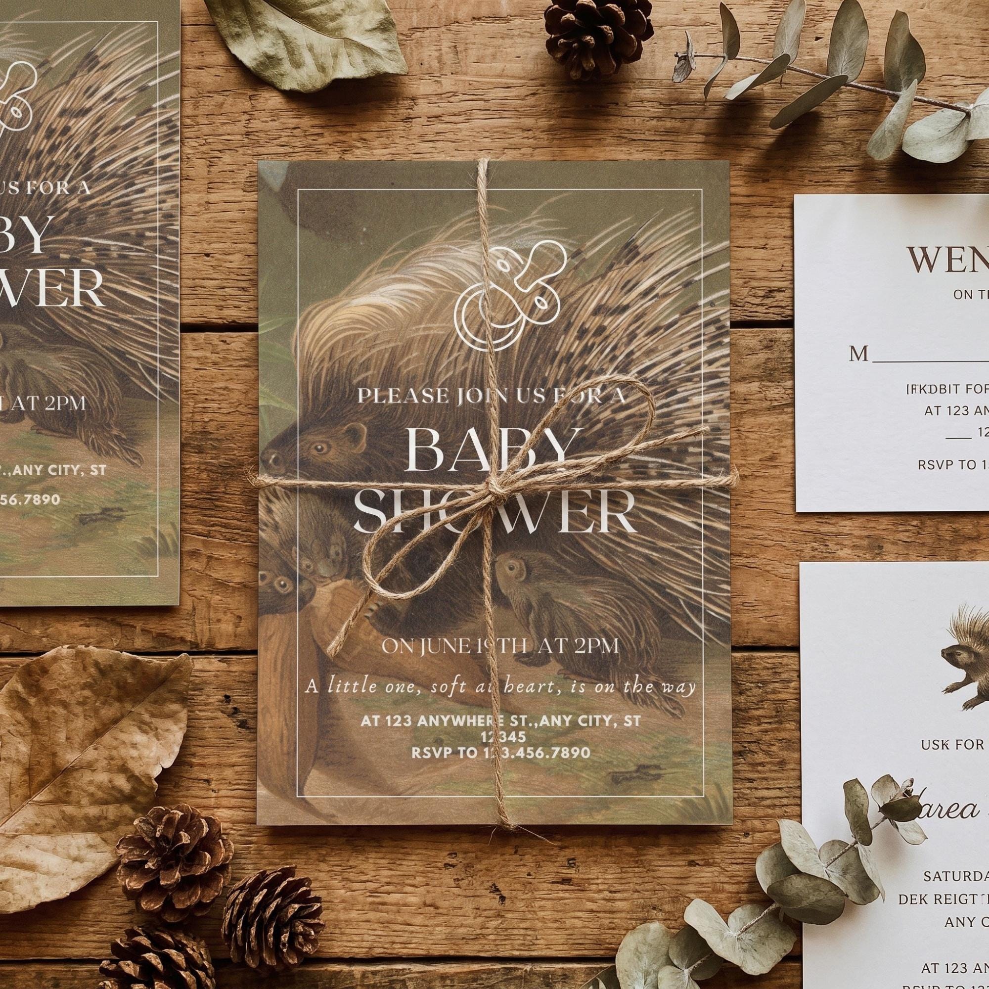 Woodland Porcupine Baby Shower Invitation Bundle: PRINTED, archival designs + wax seals, hand-lettering + stamps optional, view 2
