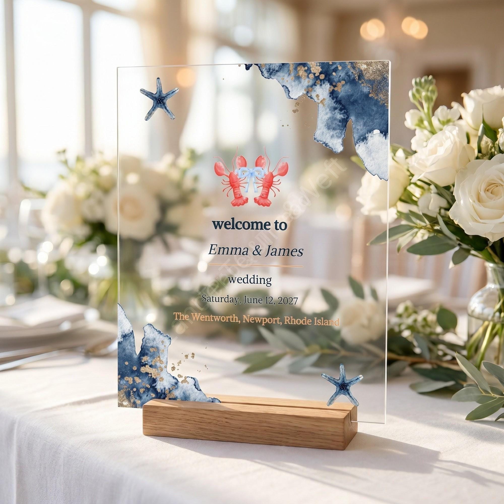 Acrylic Seaside Nautical Wedding Welcome Sign, lobsters in love design, PERSONALIZED, with wooden base