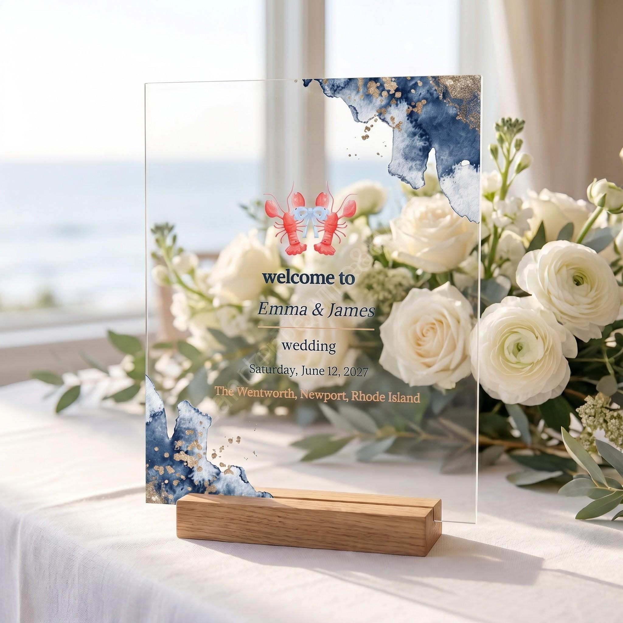 Acrylic Seaside Nautical Wedding Welcome Sign, lobsters in love design, PERSONALIZED, with wooden base, view 3