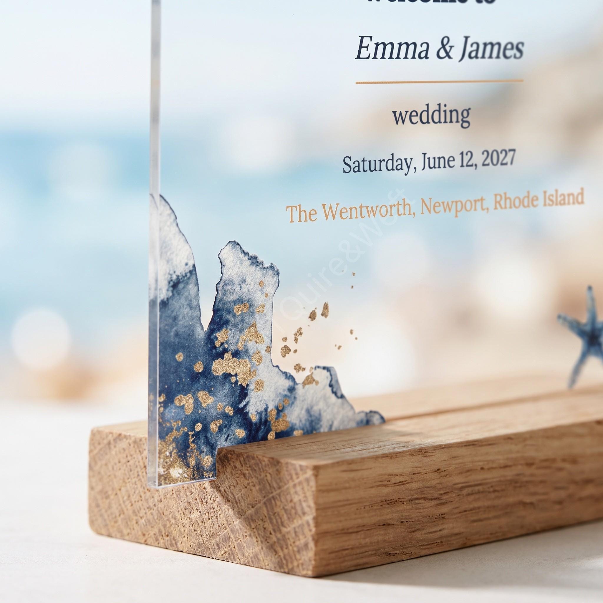Acrylic Seaside Nautical Wedding Welcome Sign, lobsters in love design, PERSONALIZED, with wooden base, view 5