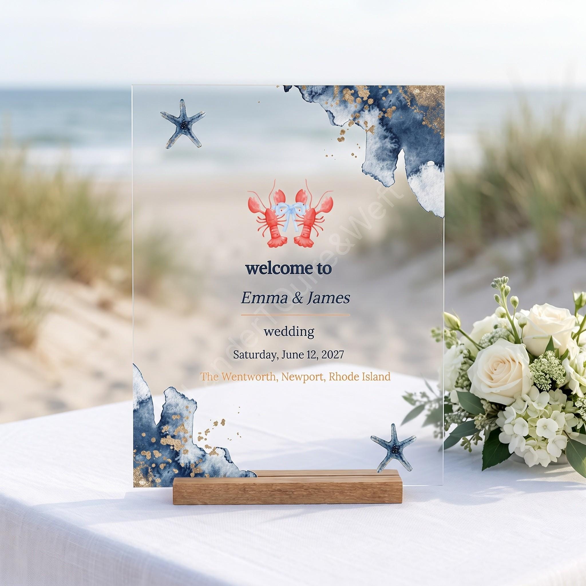 Acrylic Seaside Nautical Wedding Welcome Sign, lobsters in love design, PERSONALIZED, with wooden base, view 6