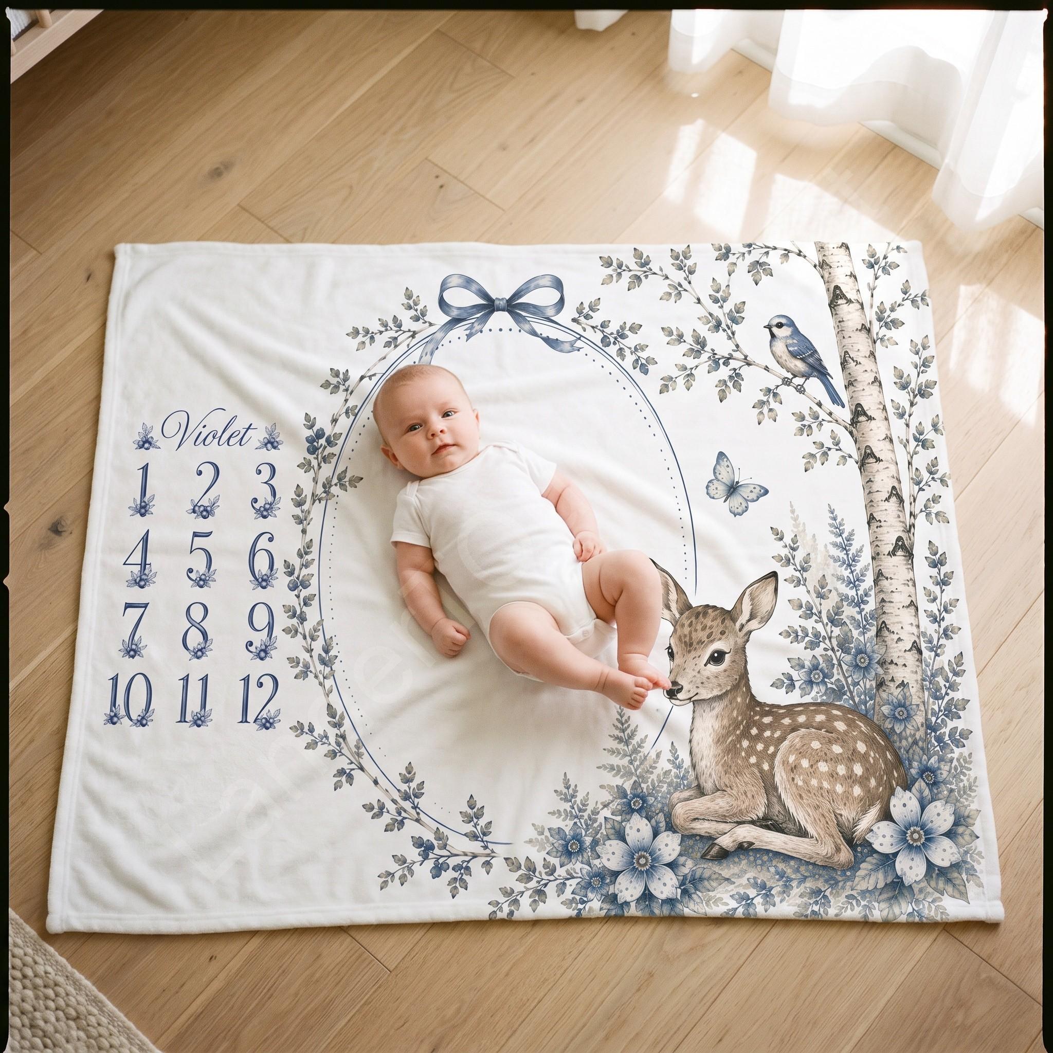 Milestone Baby Blanket, Fleece, blueberry and birch back pattern, custom name, view 3