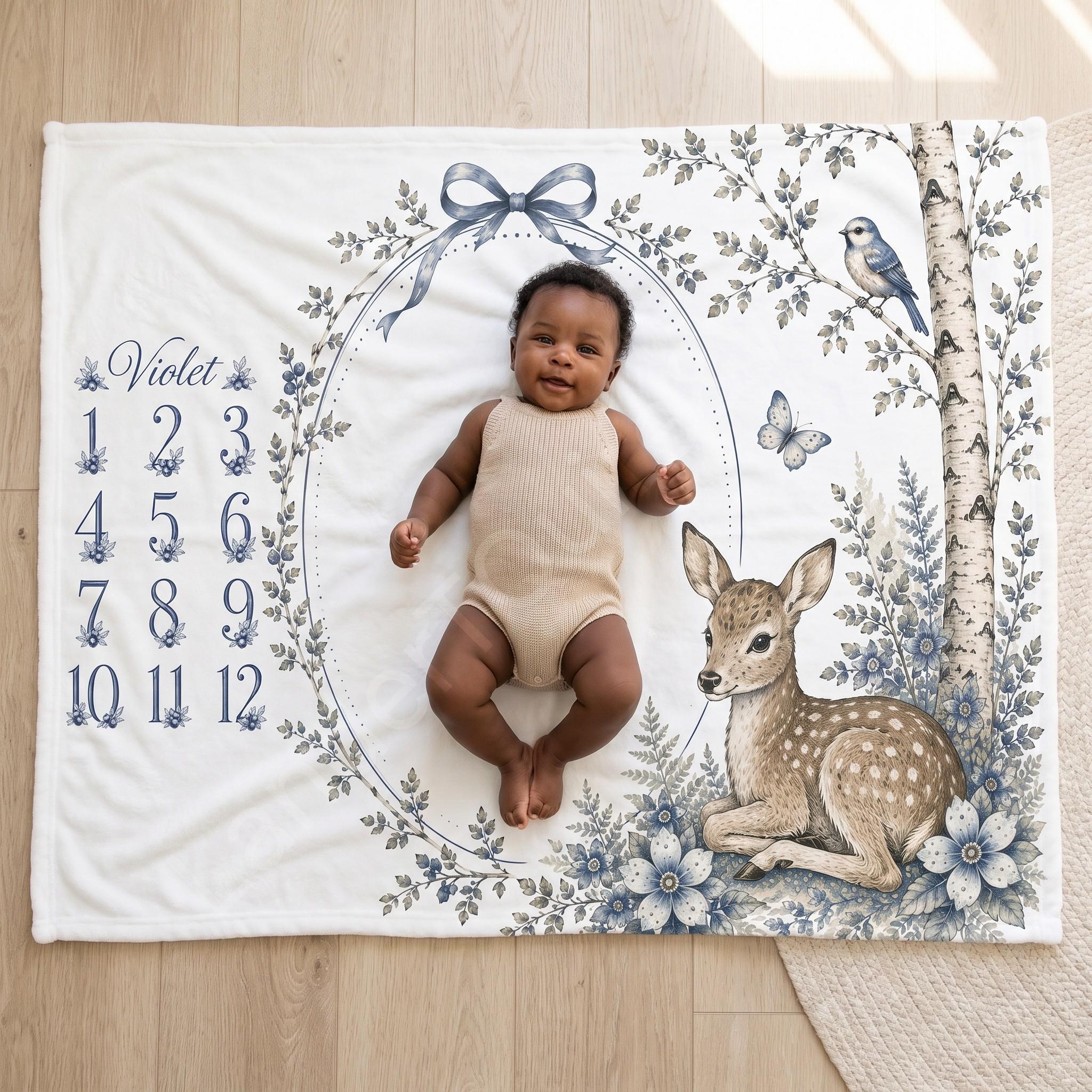 Milestone Baby Blanket, Fleece, blueberry and birch back pattern, custom name, view 4