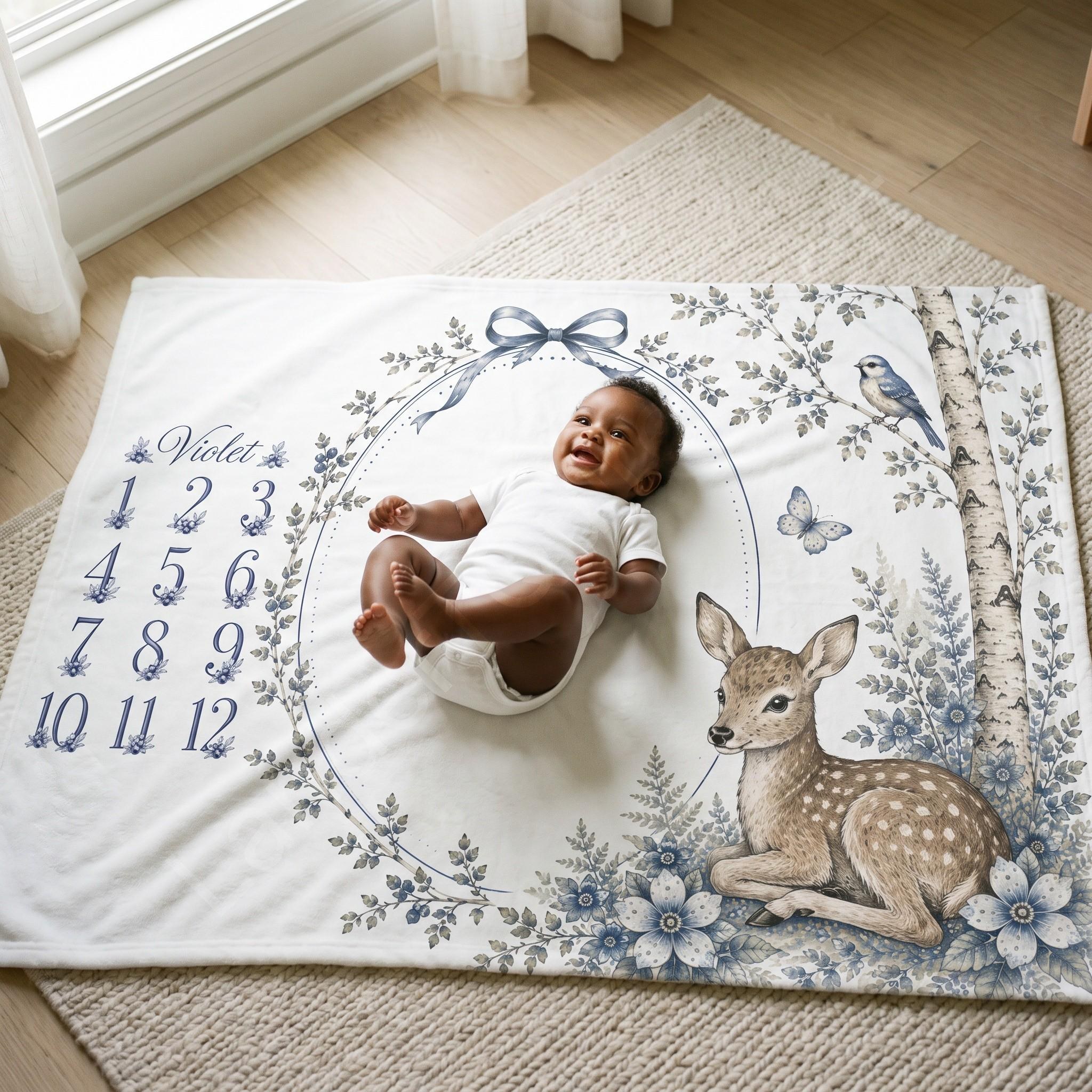 Milestone Baby Blanket, Fleece, blueberry and birch back pattern, custom name, view 5