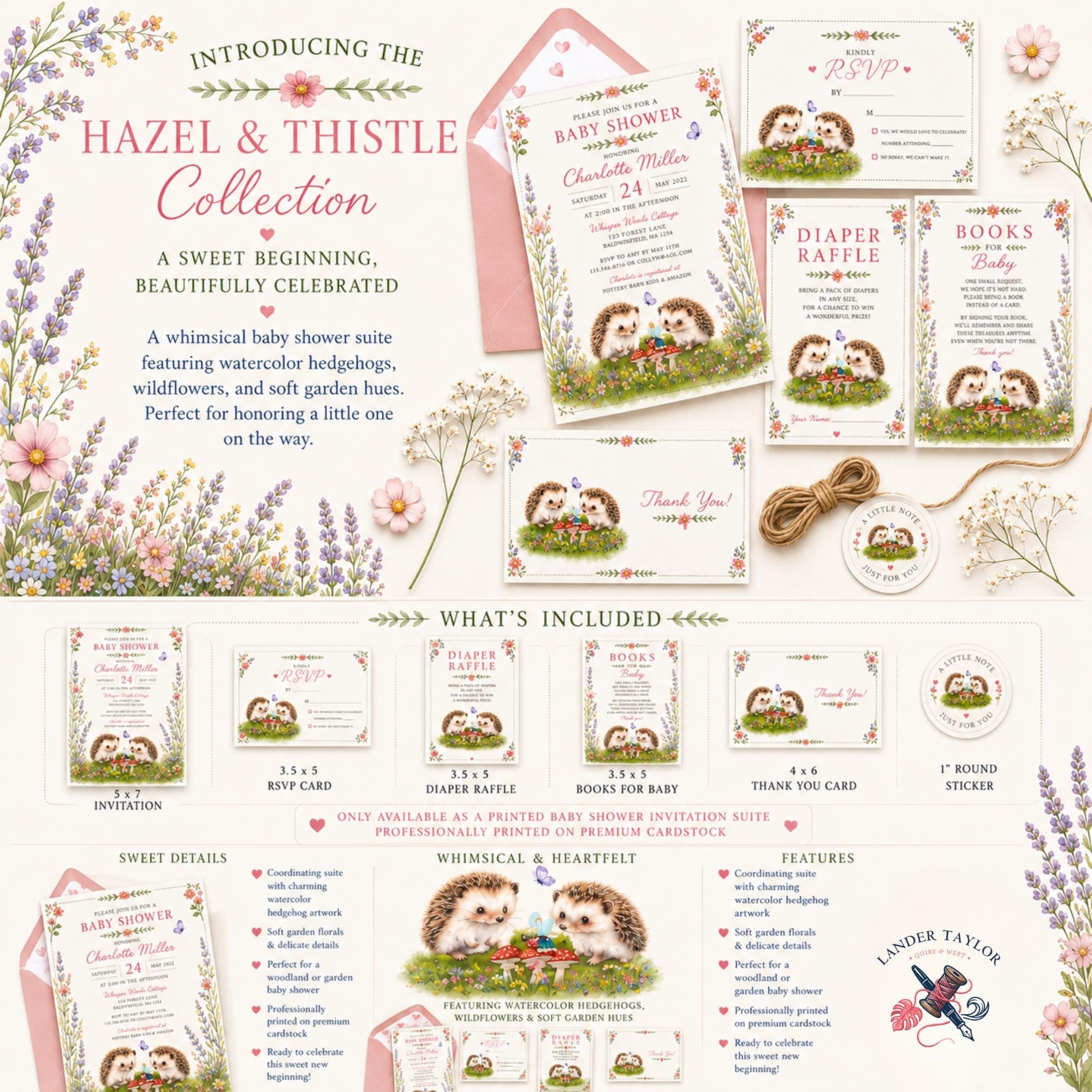 Woodland Hedgehog Baby Shower Invitation Bundle: PRINTED, watercolor designs + wax seals, hand-lettering + stamps optional