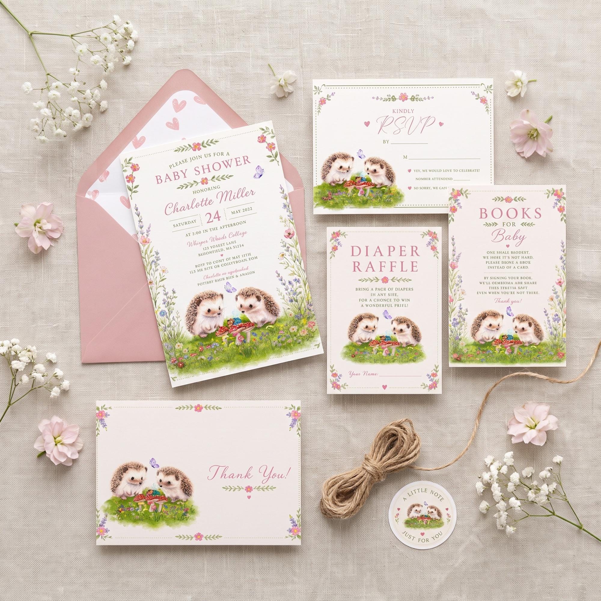 Woodland Hedgehog Baby Shower Invitation Bundle: PRINTED, watercolor designs + wax seals, hand-lettering + stamps optional, view 2