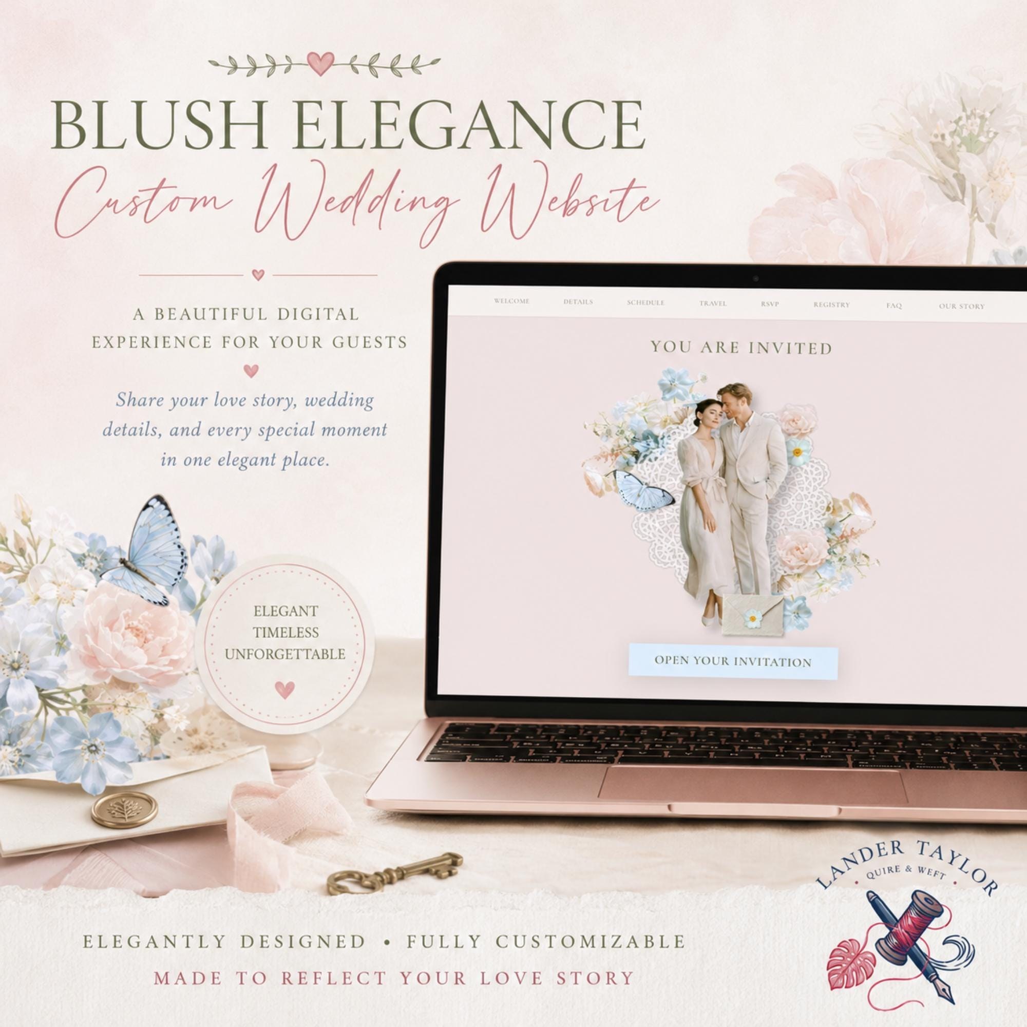 Custom Wedding Website Template, Elegant Blush Floral Design, RSVP Included (Digital)