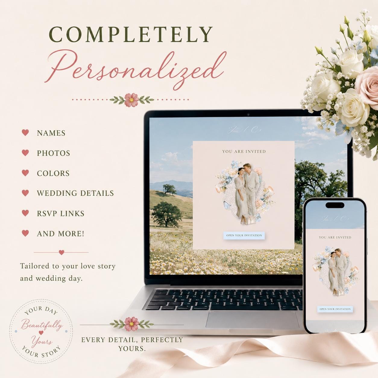 Custom Wedding Website Template, Elegant Blush Floral Design, RSVP Included (Digital), view 3