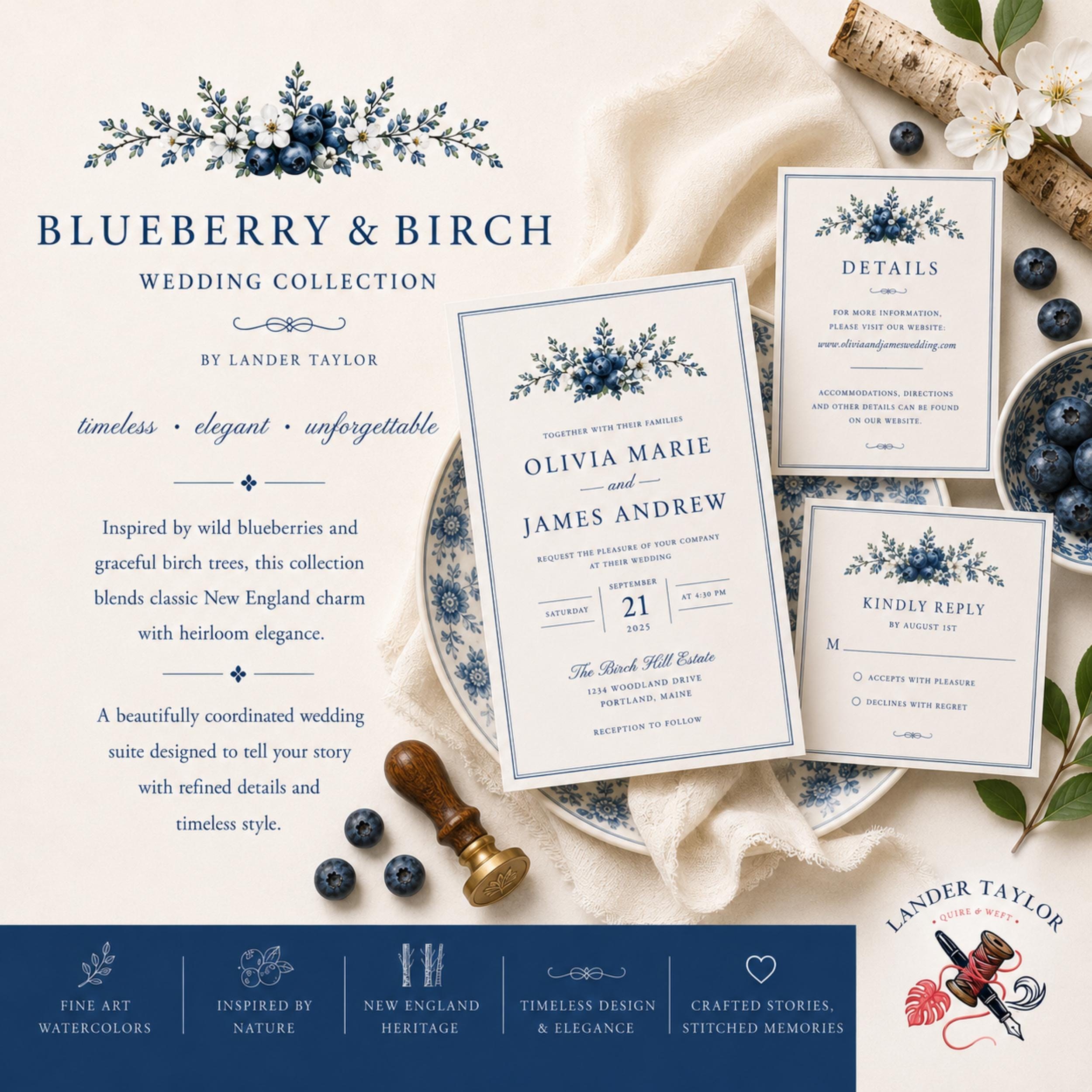 Blueberry & Birch Wedding Invitation Suite | Semi-Custom Wedding Invitations | Elegant Blue Botanical Designs