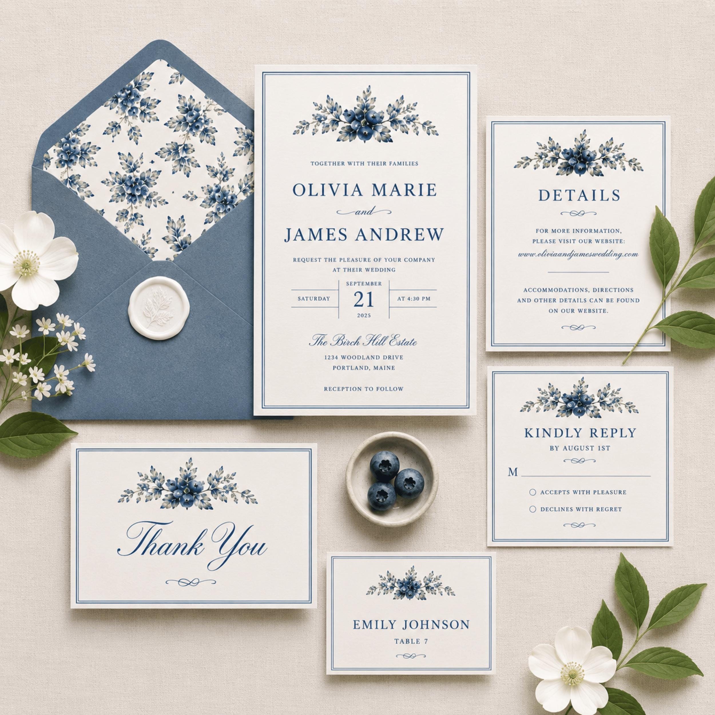 Blueberry & Birch Wedding Invitation Suite | Semi-Custom Wedding Invitations | Elegant Blue Botanical Designs, view 2