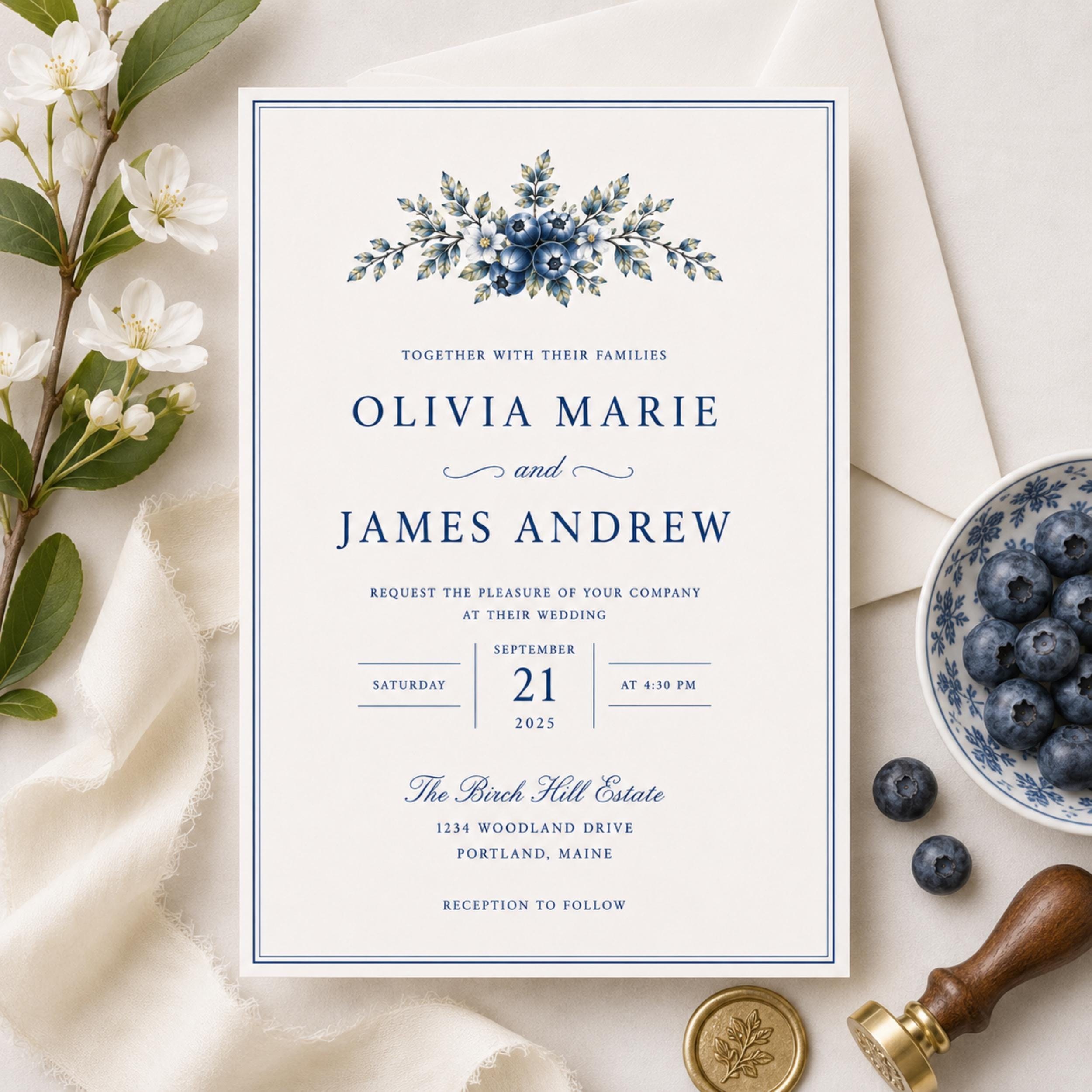 Blueberry & Birch Wedding Invitation Suite | Semi-Custom Wedding Invitations | Elegant Blue Botanical Designs, view 3