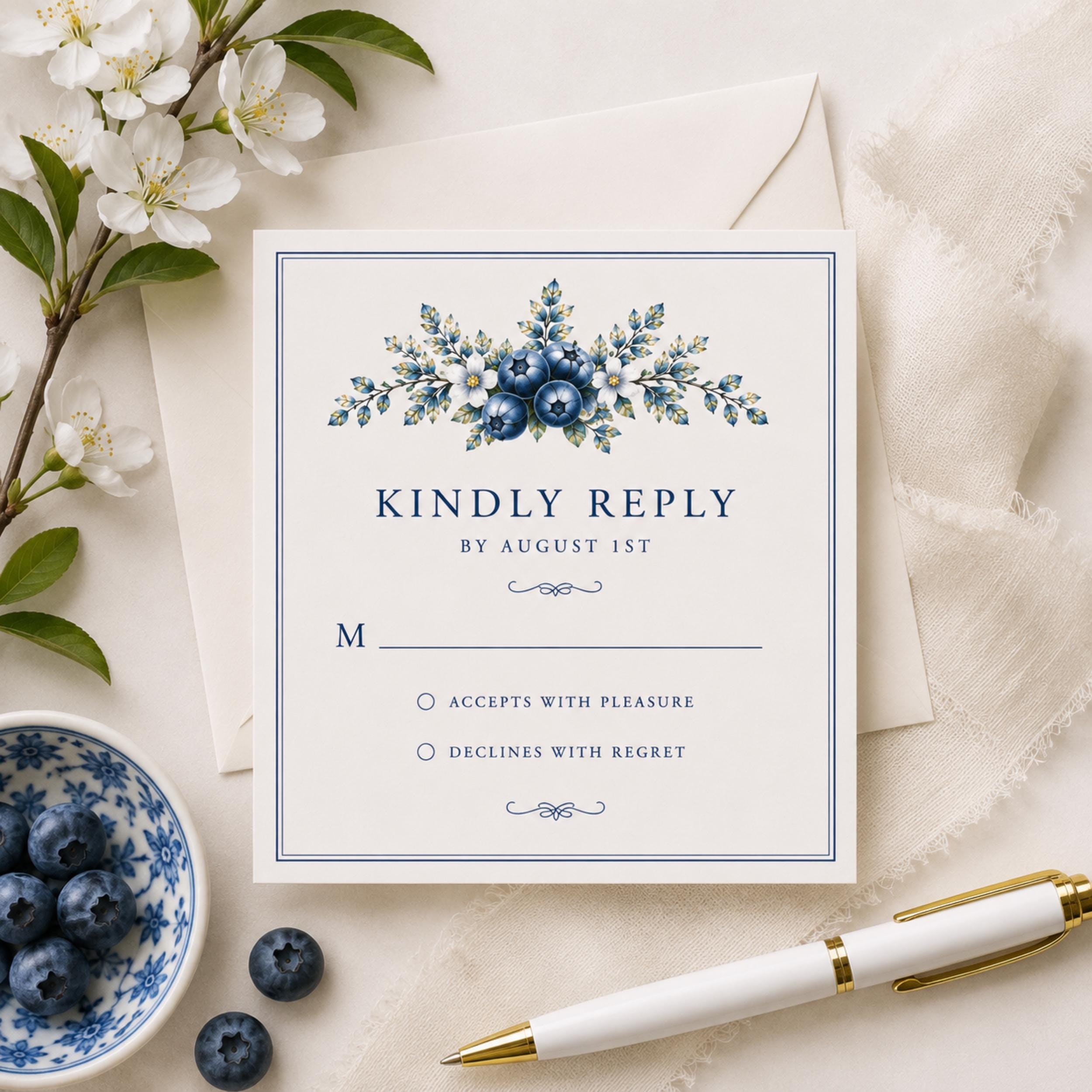 Blueberry & Birch Wedding Invitation Suite | Semi-Custom Wedding Invitations | Elegant Blue Botanical Designs, view 4