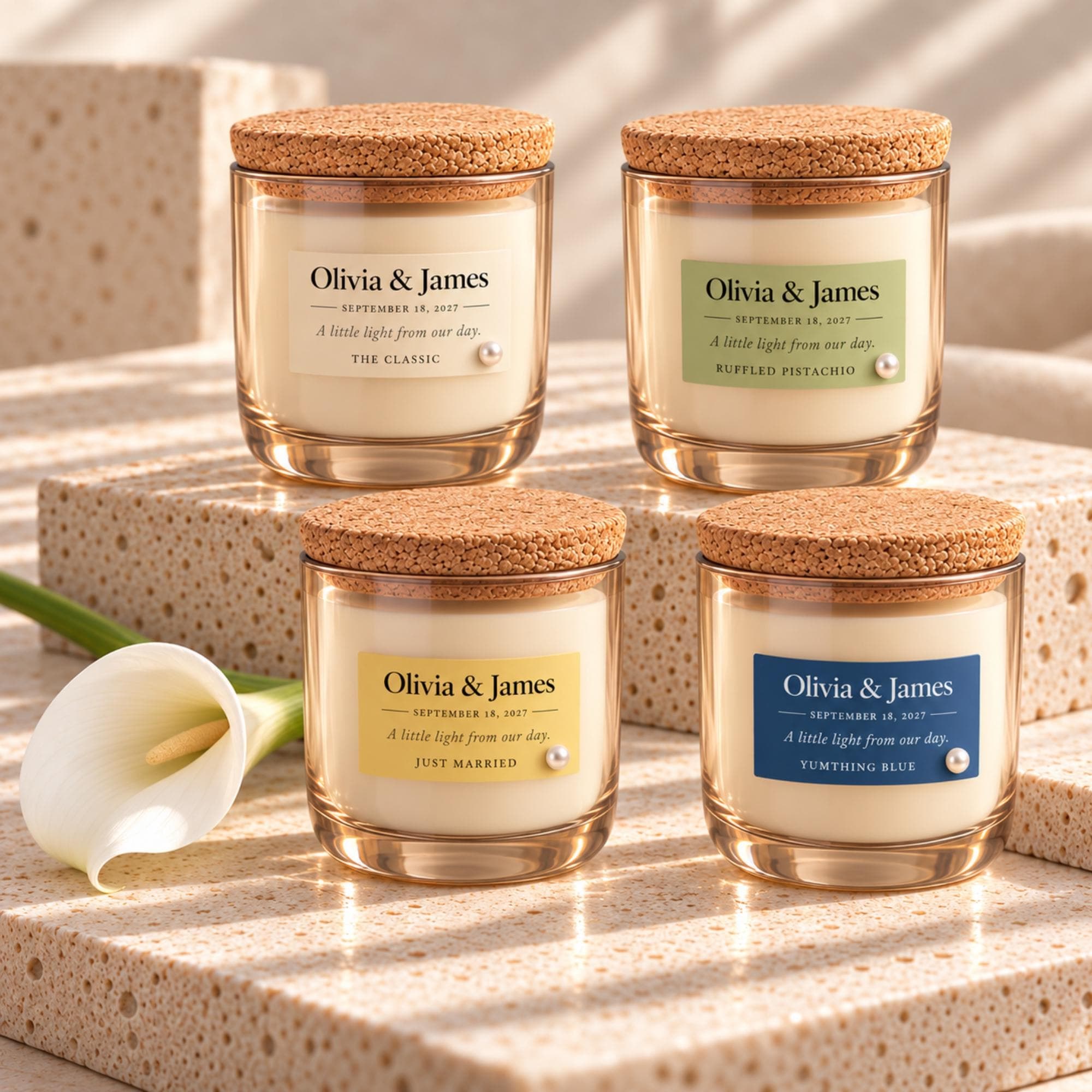 Personalized Wedding Favor Candle, Cork Lid, Soy Wax, Hemp Wick, Custom Date and Names