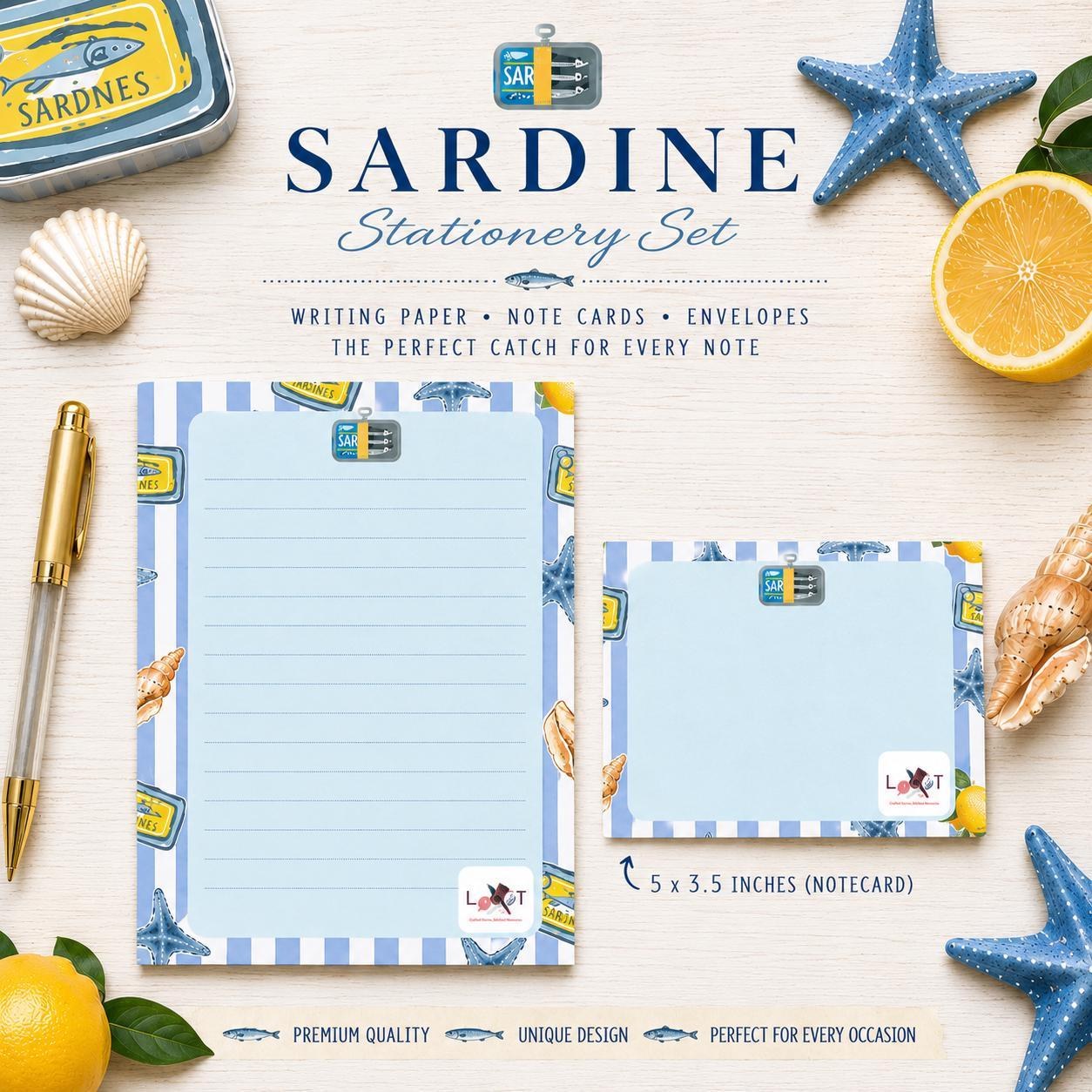 Sardine Stationery Set | Coastal Notepad and Notecards | Beach | Lemon and Sea Inspired Gift