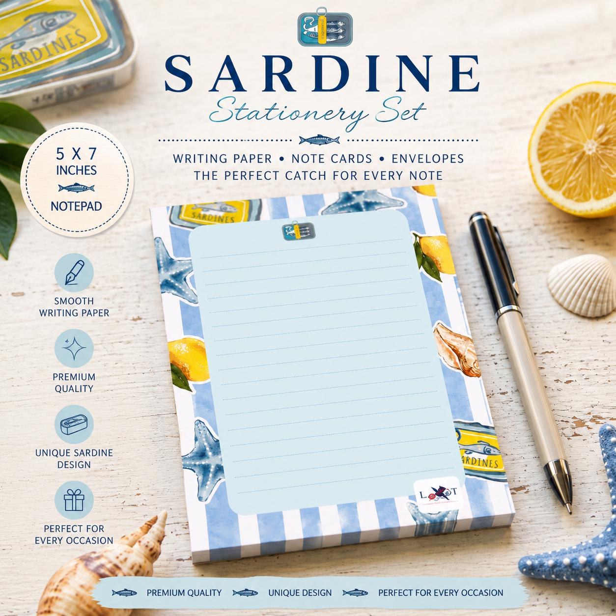 Sardine Stationery Set | Coastal Notepad and Notecards | Beach | Lemon and Sea Inspired Gift, view 2