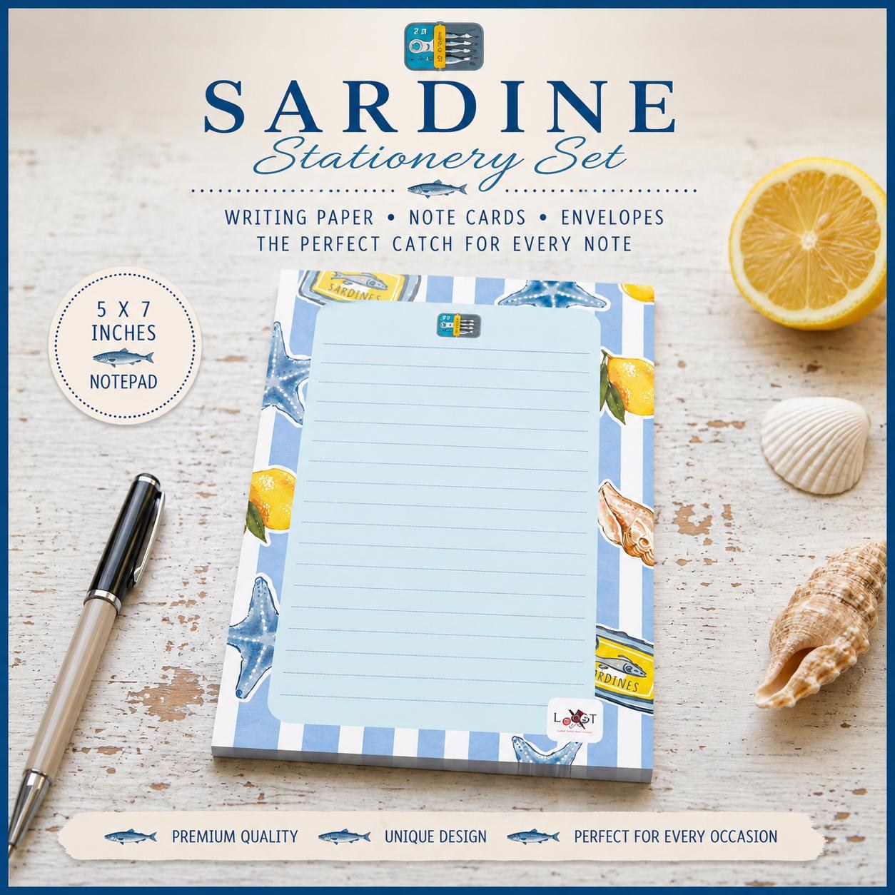 Sardine Stationery Set | Coastal Notepad and Notecards | Beach | Lemon and Sea Inspired Gift, view 4