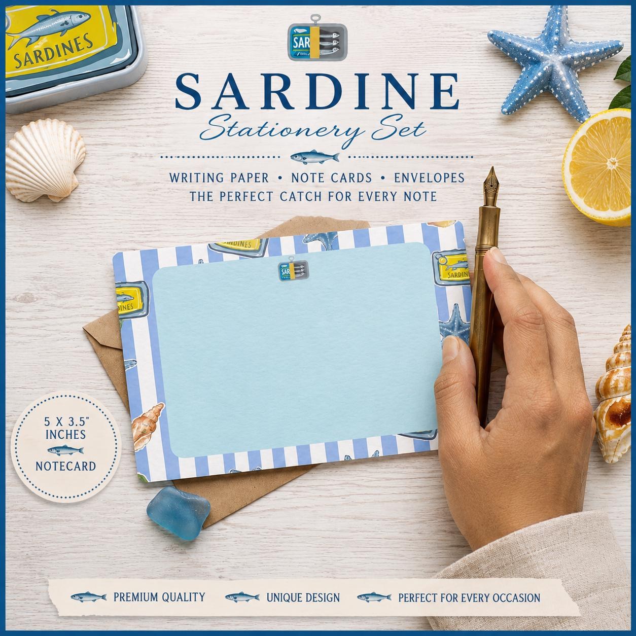 Sardine Stationery Set | Coastal Notepad and Notecards | Beach | Lemon and Sea Inspired Gift, view 5
